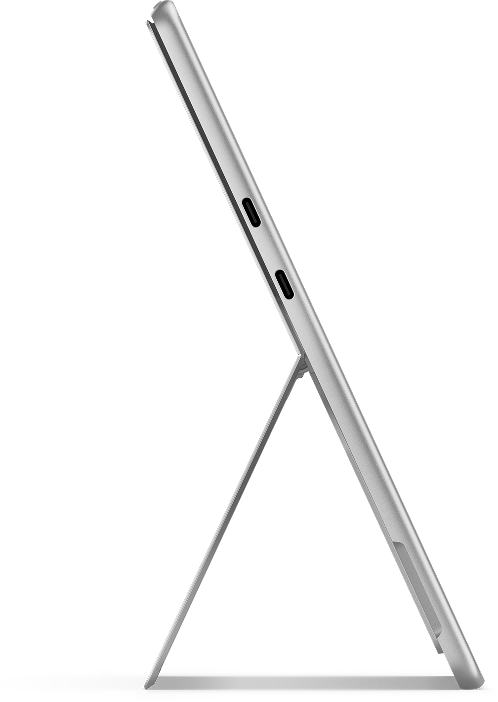 Silbernes Tablet, Profilansicht, mit ausgeklapptem Ständer.