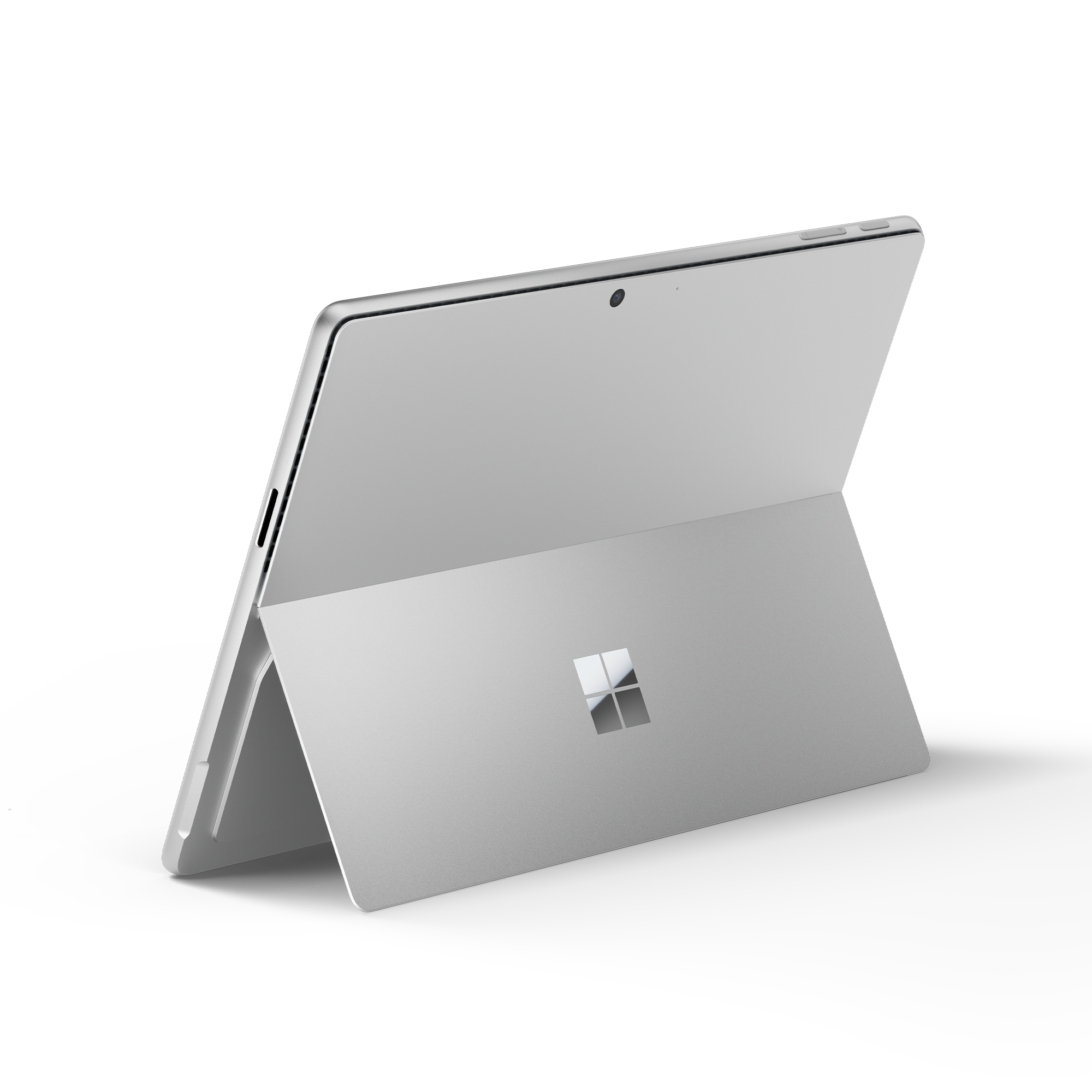 Silbernes Tablet mit Ständer, schwarzer Hintergrund, Microsoft-Logo.