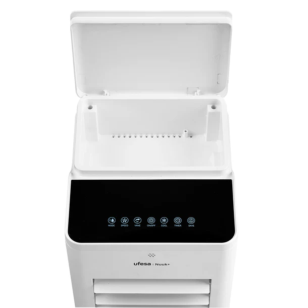 Enfriador de aire blanco, vista superior. Tapa abierta, panel de control.