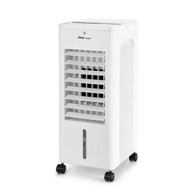Enfriador de aire blanco sobre ruedas con panel de control e indicador de nivel de agua.