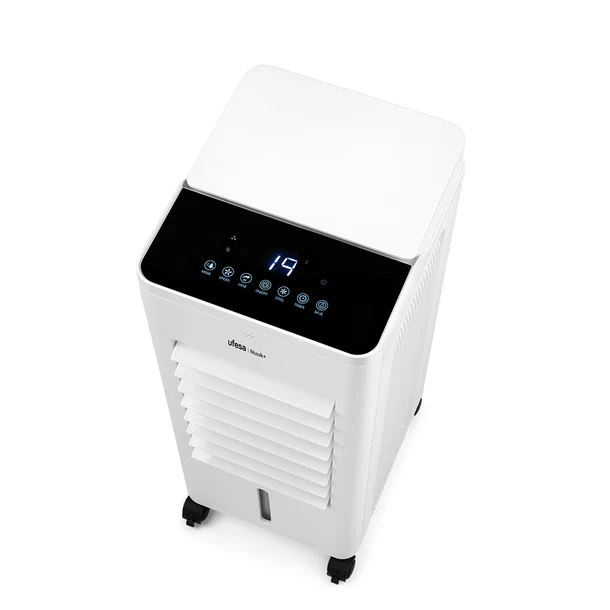 Enfriador de aire blanco. Vista superior muestra pantalla y controles. Ruedas abajo.