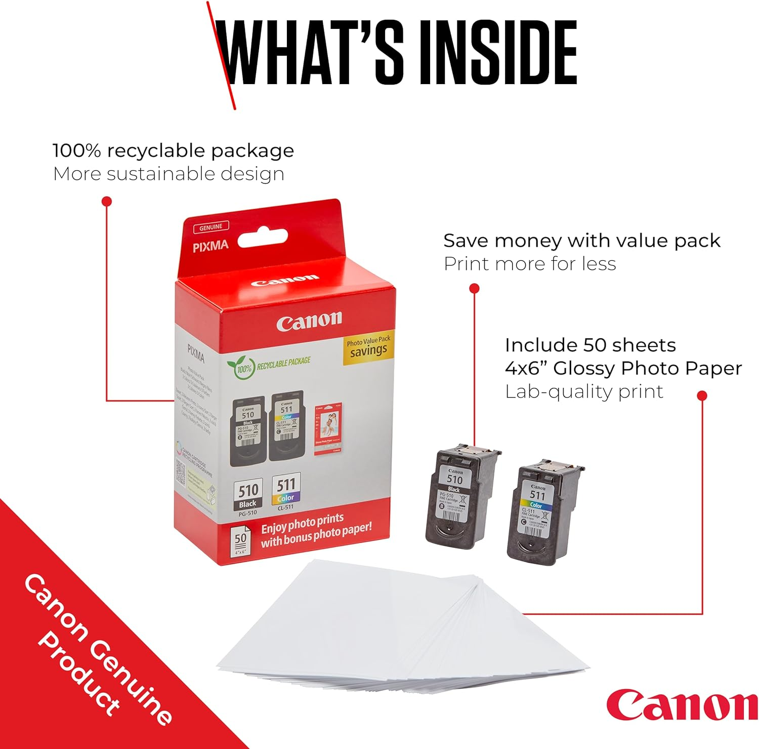 Un paquete de cartuchos de impresora Canon con cartuchos y papel. Incluye una caja roja y papel blanco.