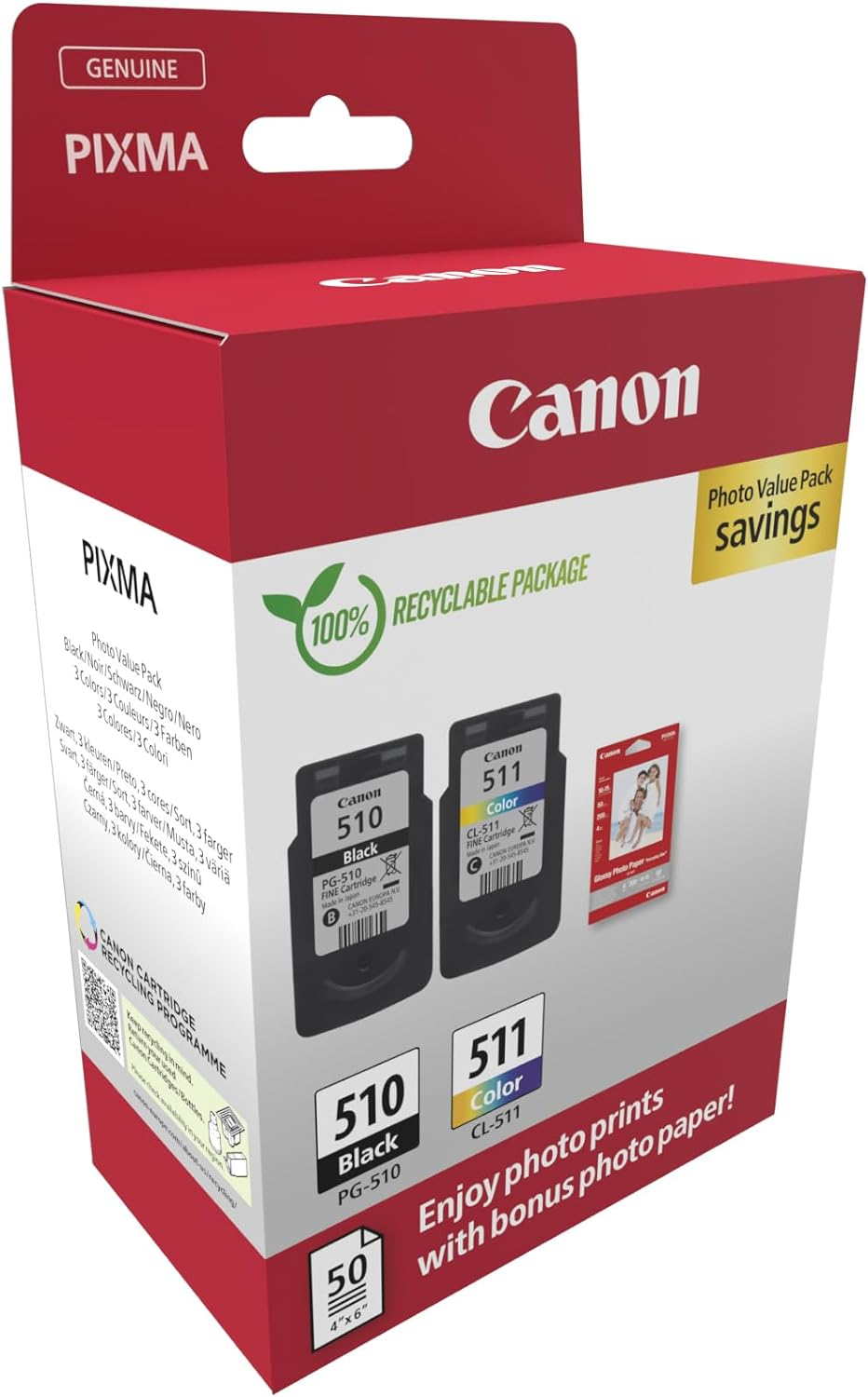 Cartuchos de tinta Canon PIXMA en una caja roja y blanca con imágenes.