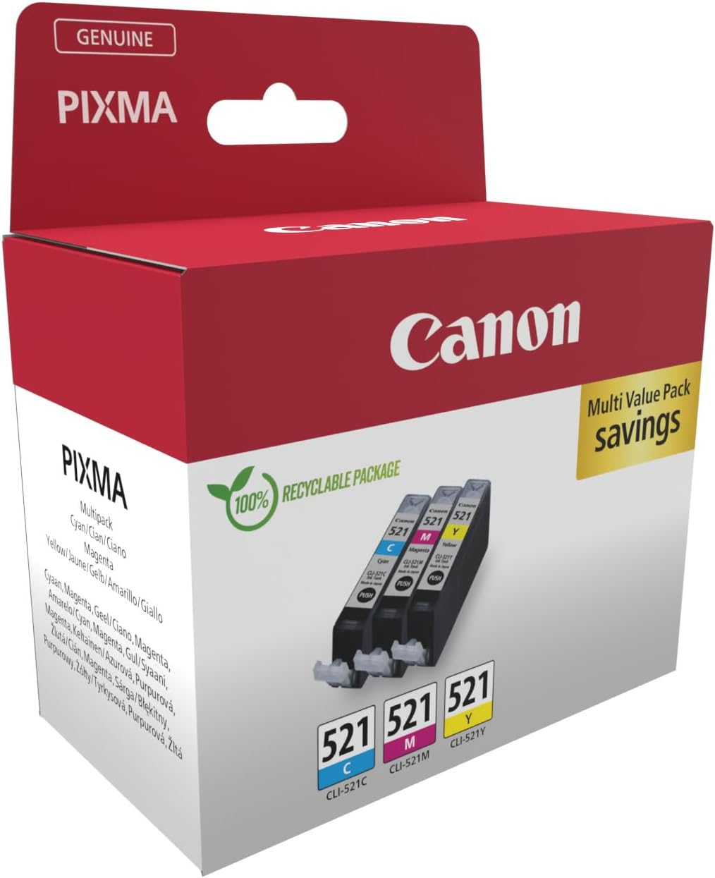 Cartuchos de tinta Canon Pixma en una caja. La caja es roja y blanca y contiene tres cartuchos de tinta.