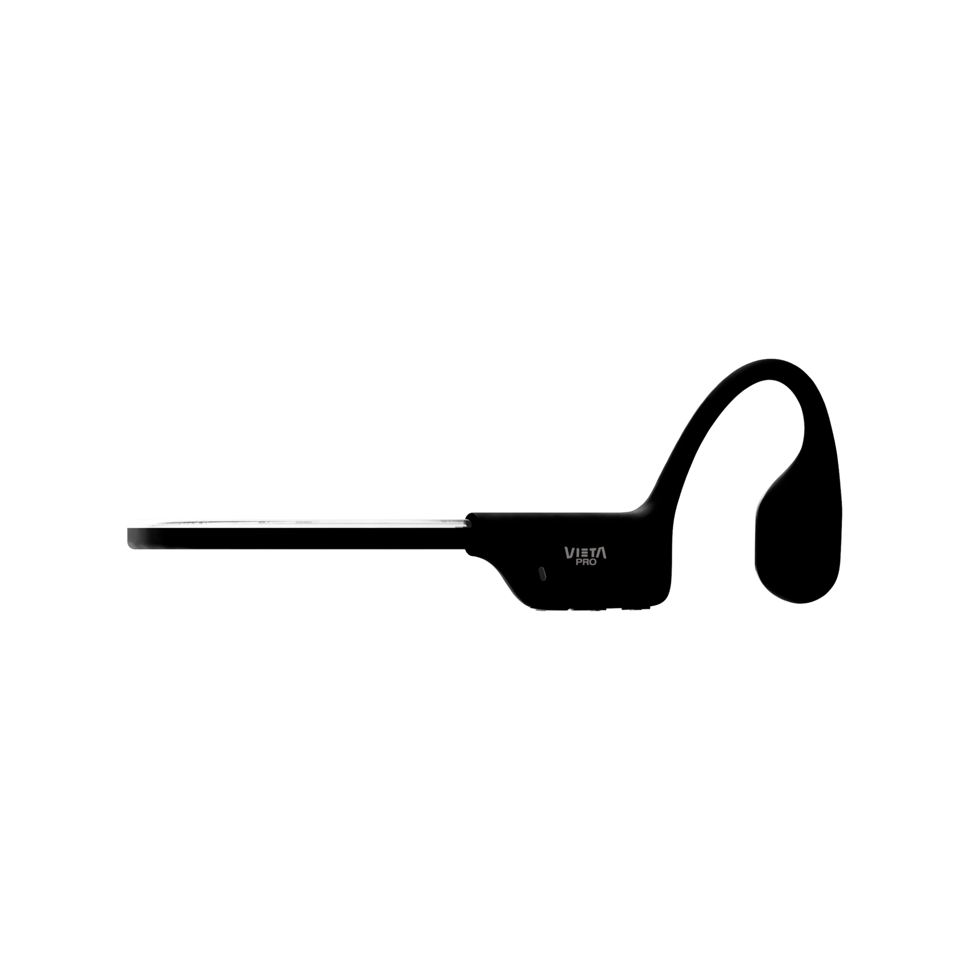 Auriculares de conducción ósea negros. Vista lateral muestra el auricular y el gancho.