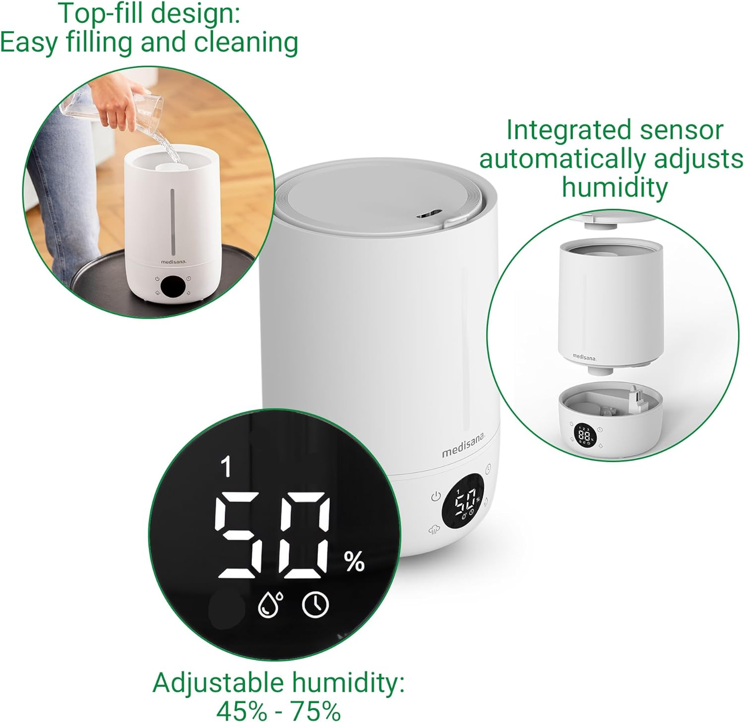 Un humidificador blanco con una pantalla que muestra %.