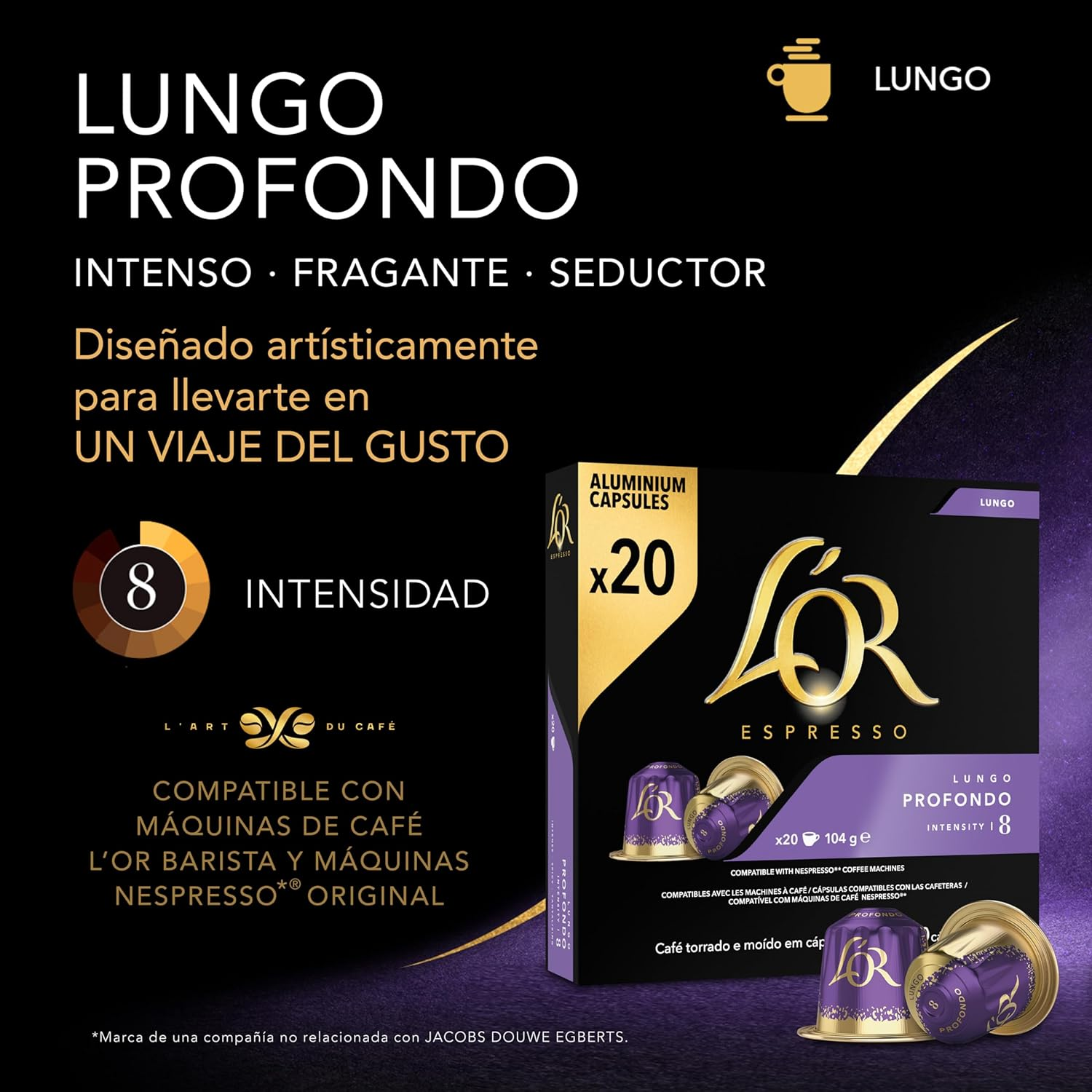 Caja de cápsulas de café L'OR Espresso con texto e imágenes.