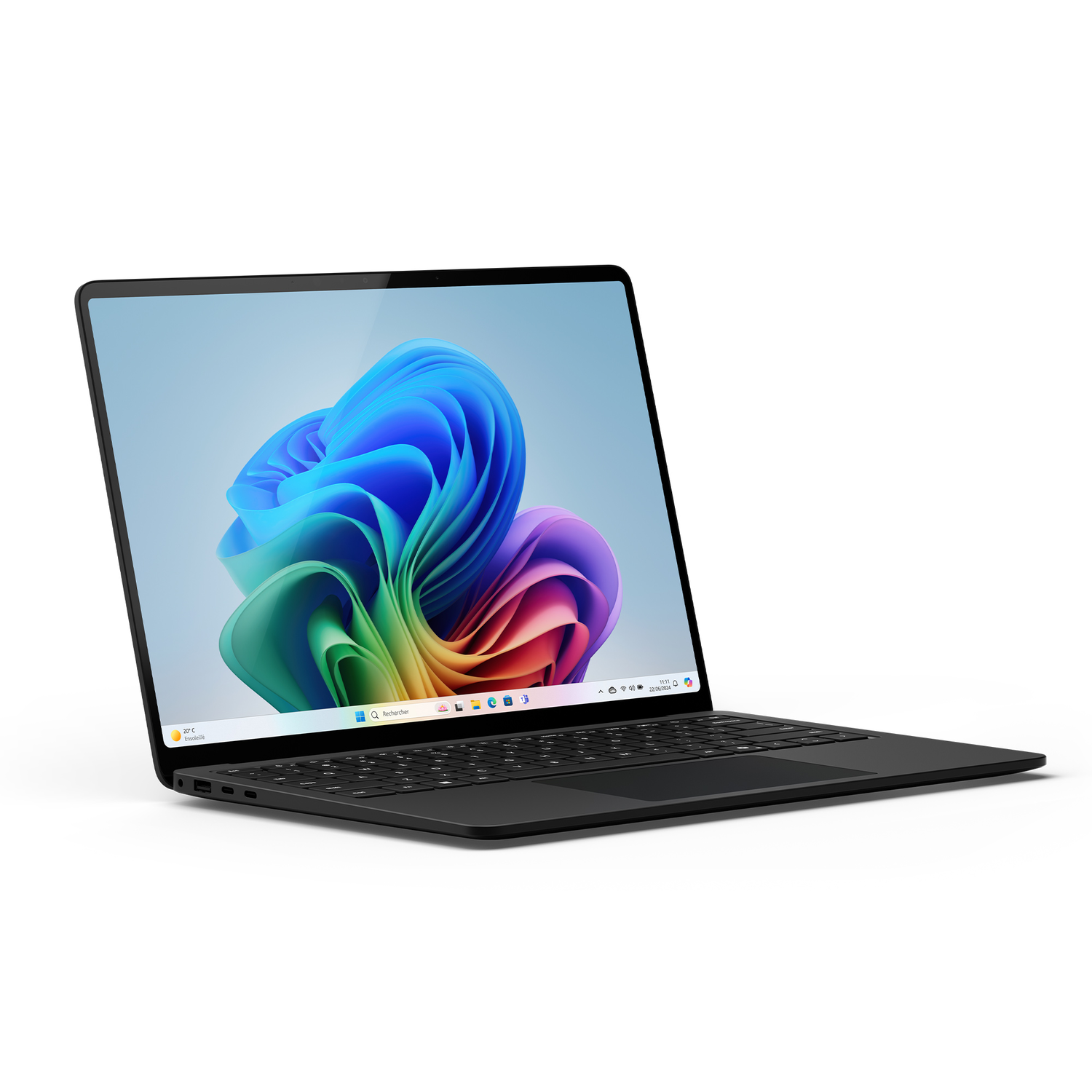 A laptop on a white surface with a colorful abstract wallpaper.