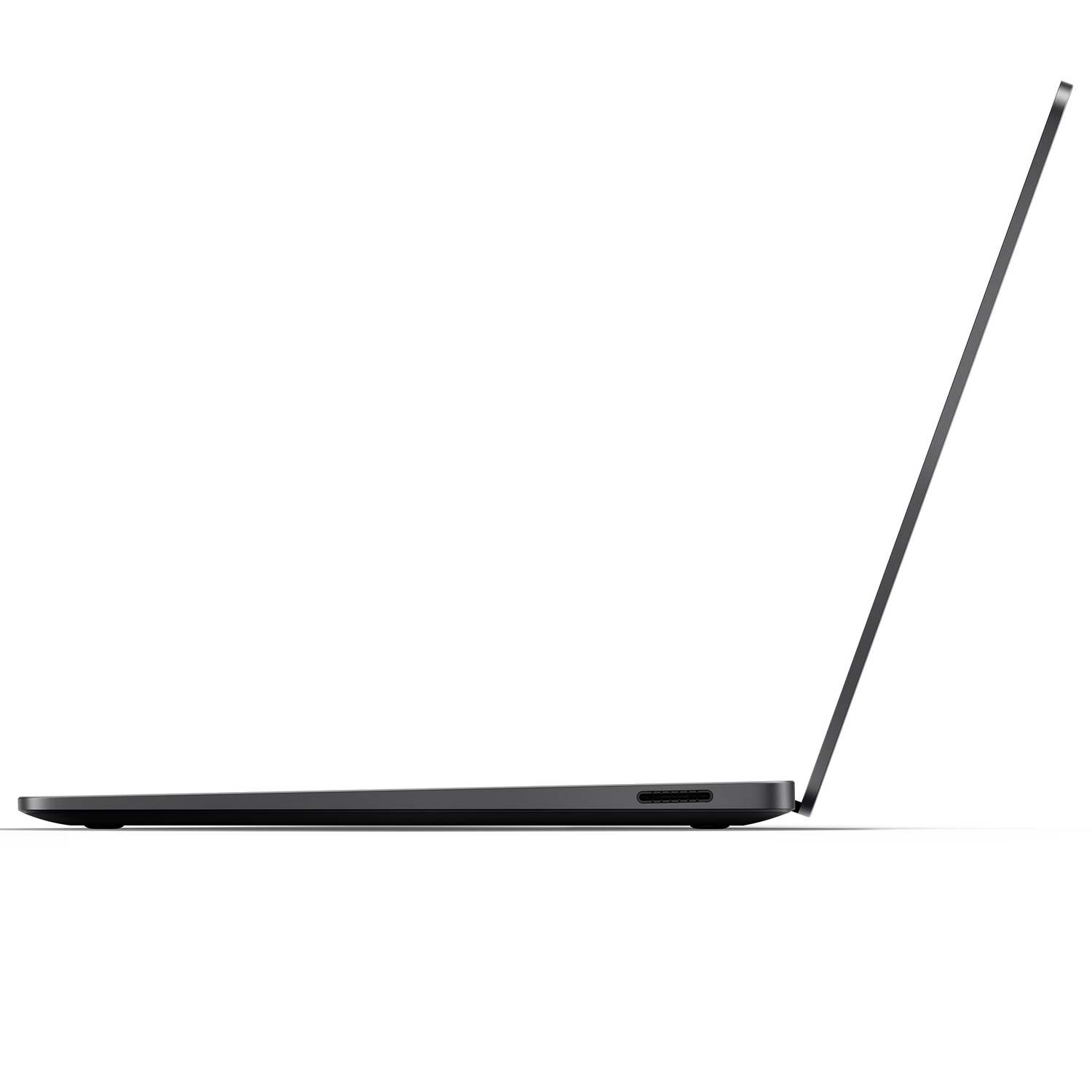 Side view of a black laptop, open, white background.