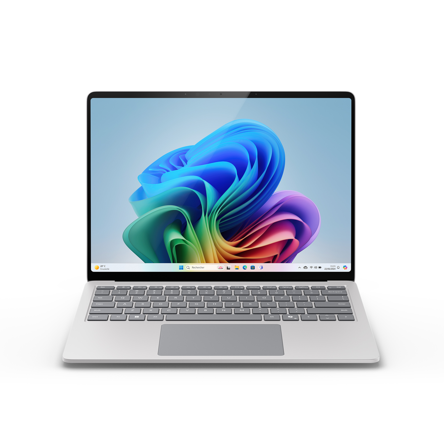 Silver laptop open, displaying a colorful abstract desktop background, white background.