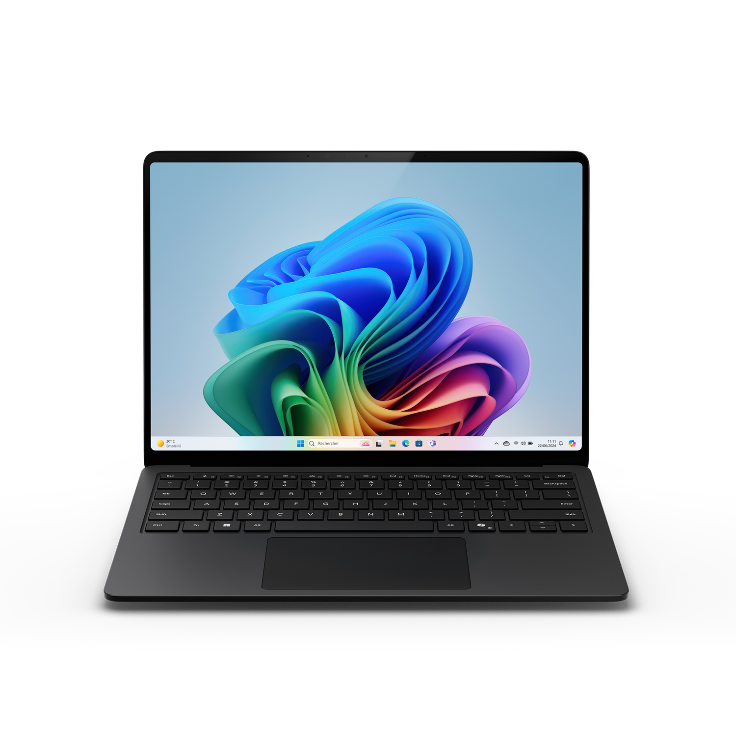 Black laptop, open, with a colorful display, white background.
