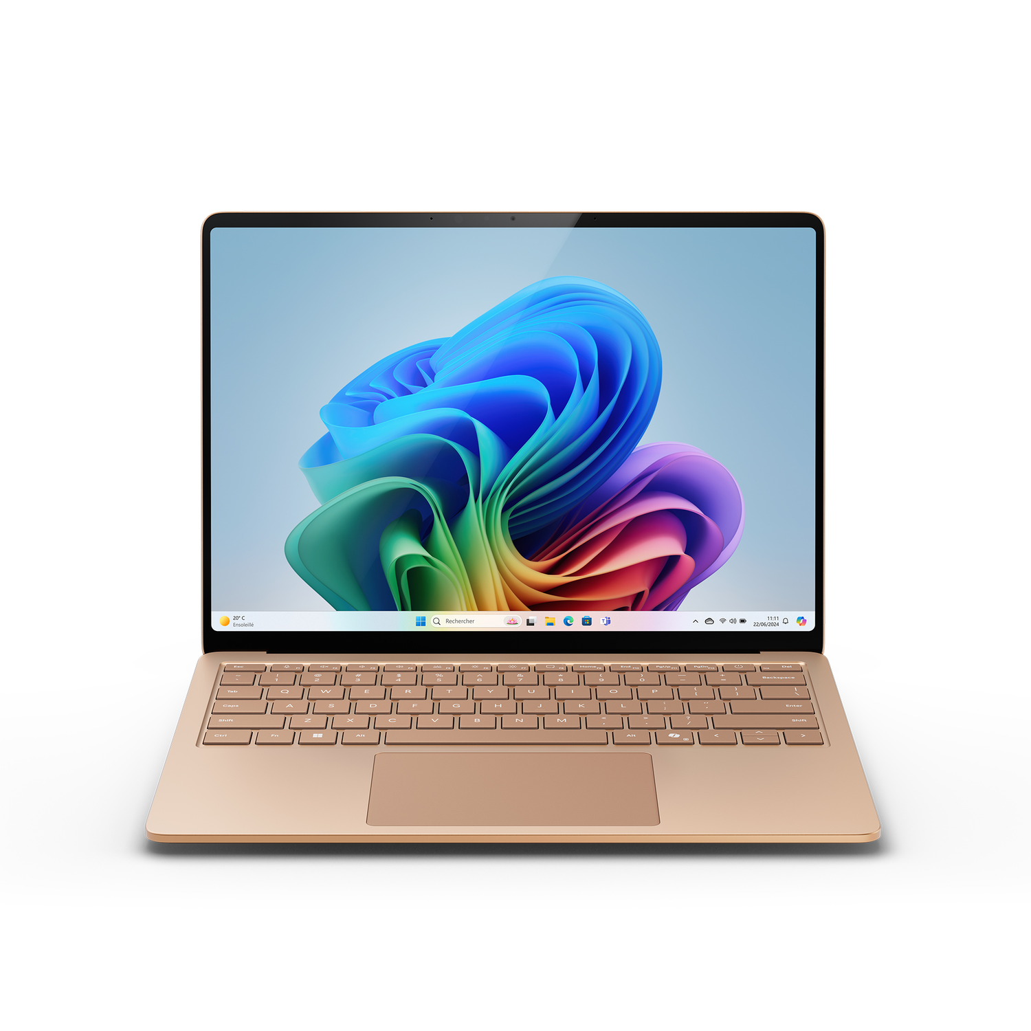 Gold laptop, opened, showing a rainbow-colored screen. White background and natural light.
