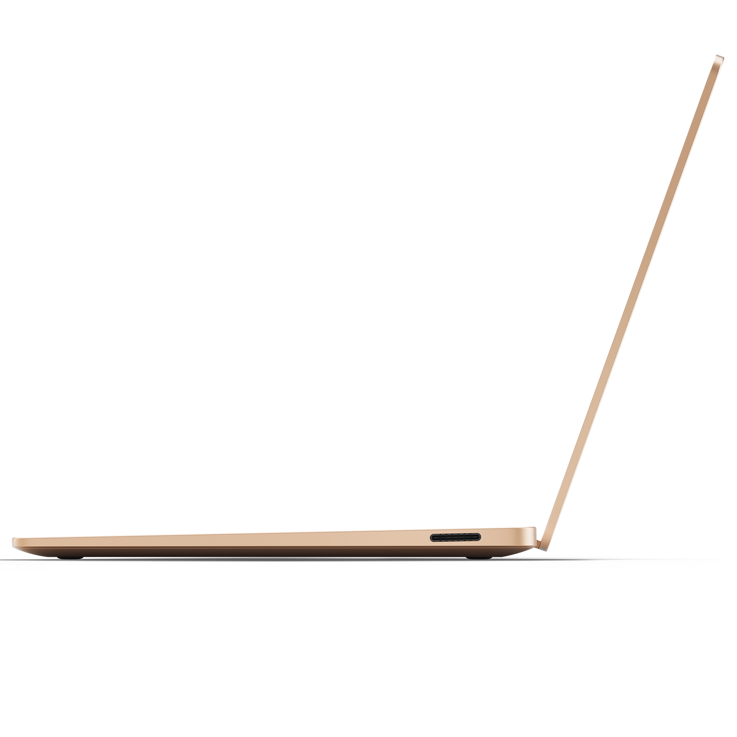 Gold laptop, open, side view, white background.