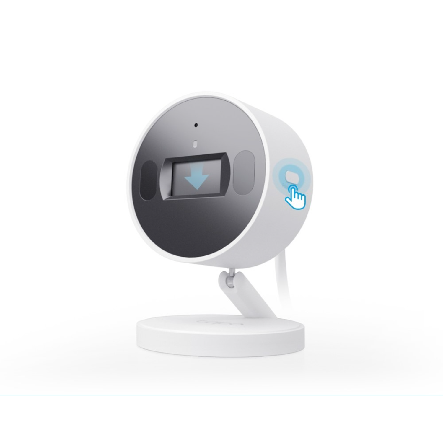 White security camera on a stand, facing forward. Blue hand icon on the right.