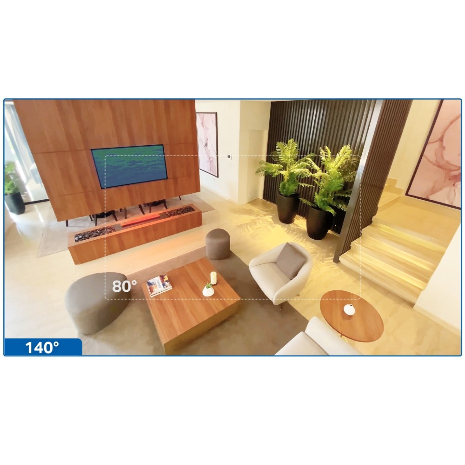 An interior design scene, showing a living room from a high angle, with furniture and a TV.
