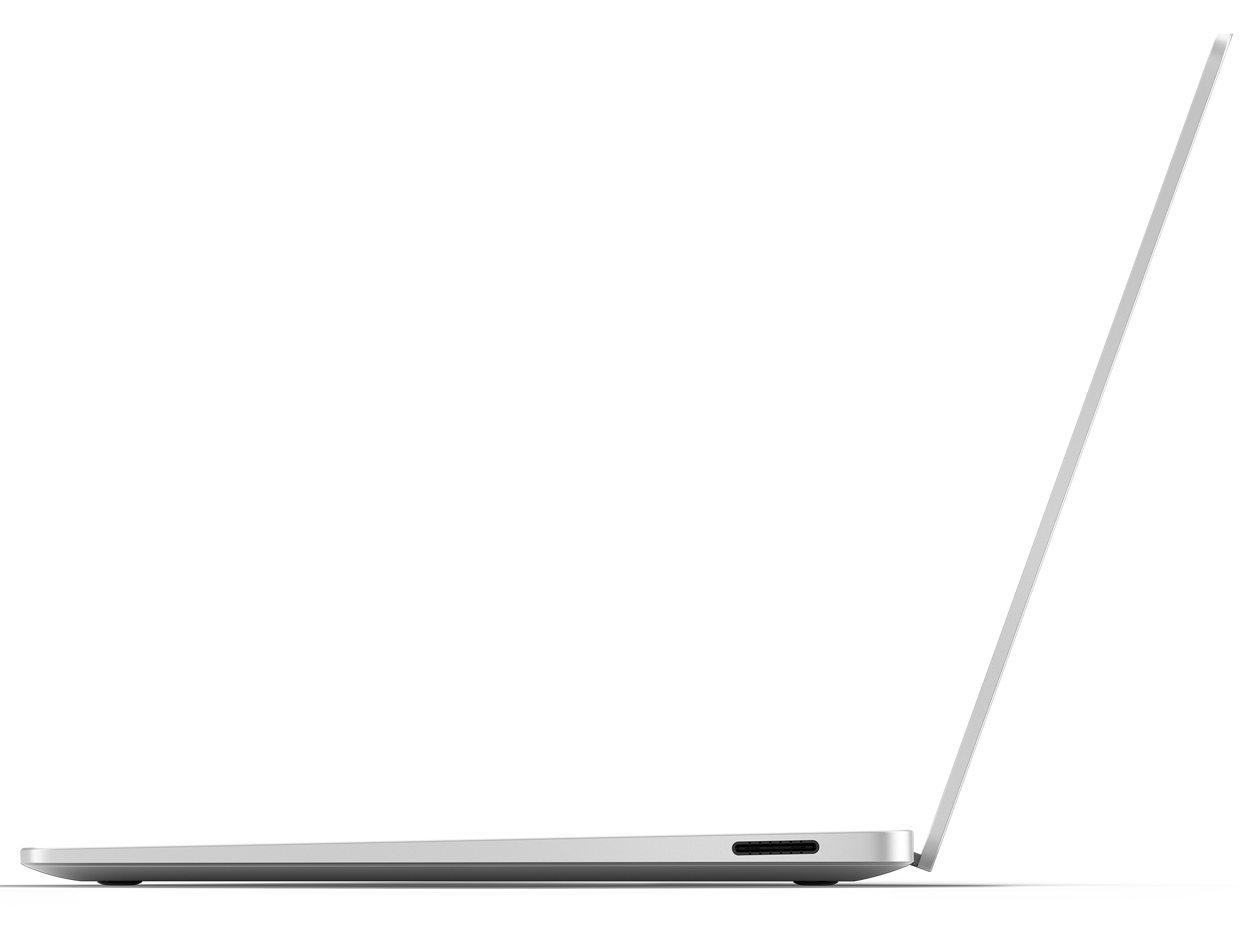 Srebrny laptop z czarnym ekranem, widok z boku.