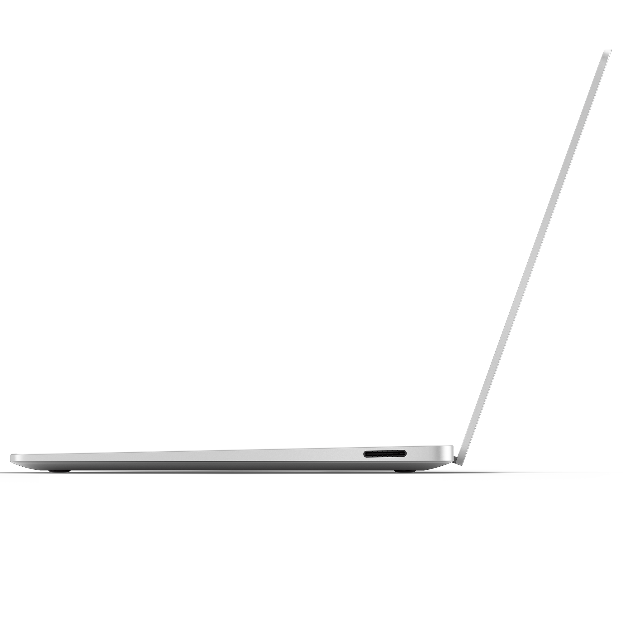 Laptop, Seitenansicht, geöffnet. Silberfarben, schwarzer Hintergrund.