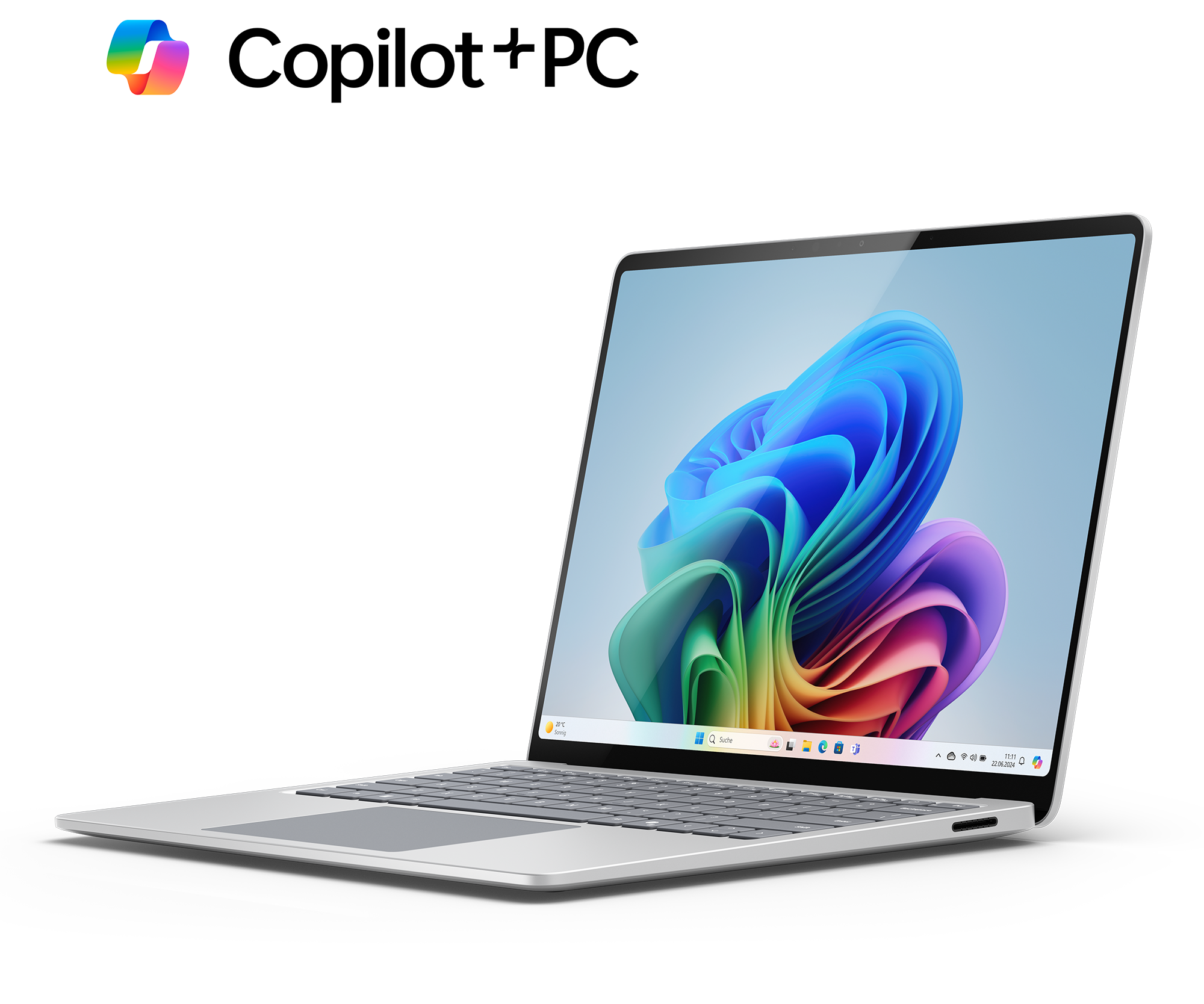 Ein silberner Laptop mit farbenfrohem Bildschirm, abgewinkelt, mit weißem Hintergrund und schwebendem App-Symbol.