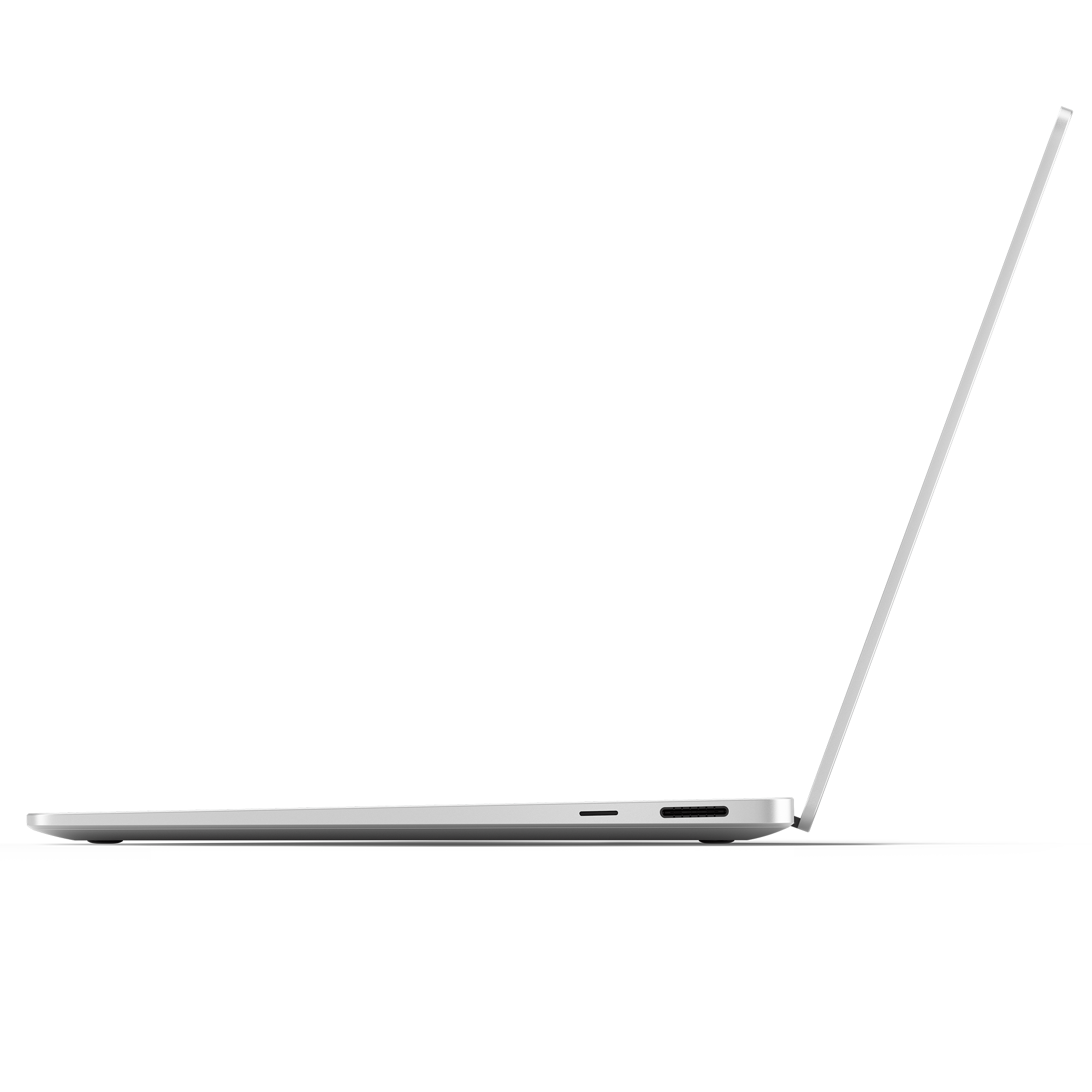 Seitenansicht eines weißen Laptops mit geöffnetem Bildschirm vor schwarzem Hintergrund.