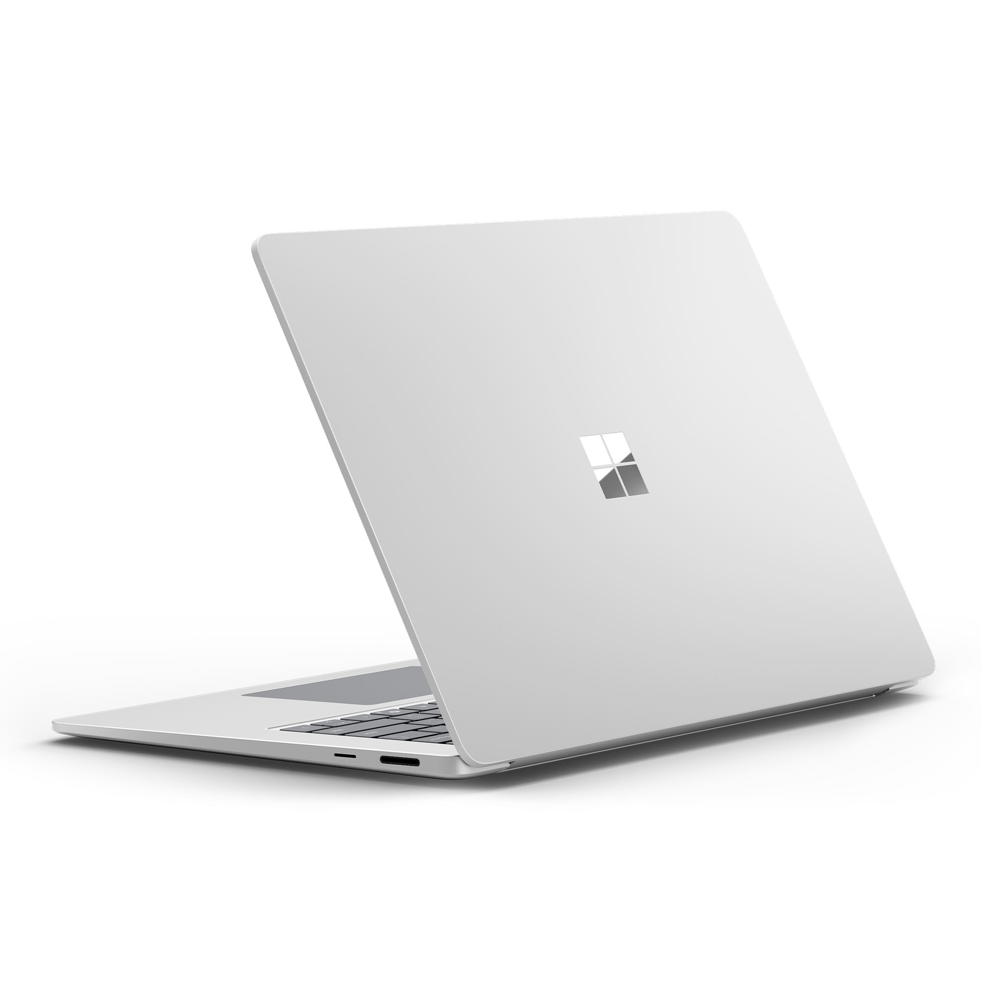 Silberner Laptop, Rückansicht, weißer Hintergrund, Microsoft-Logo.
