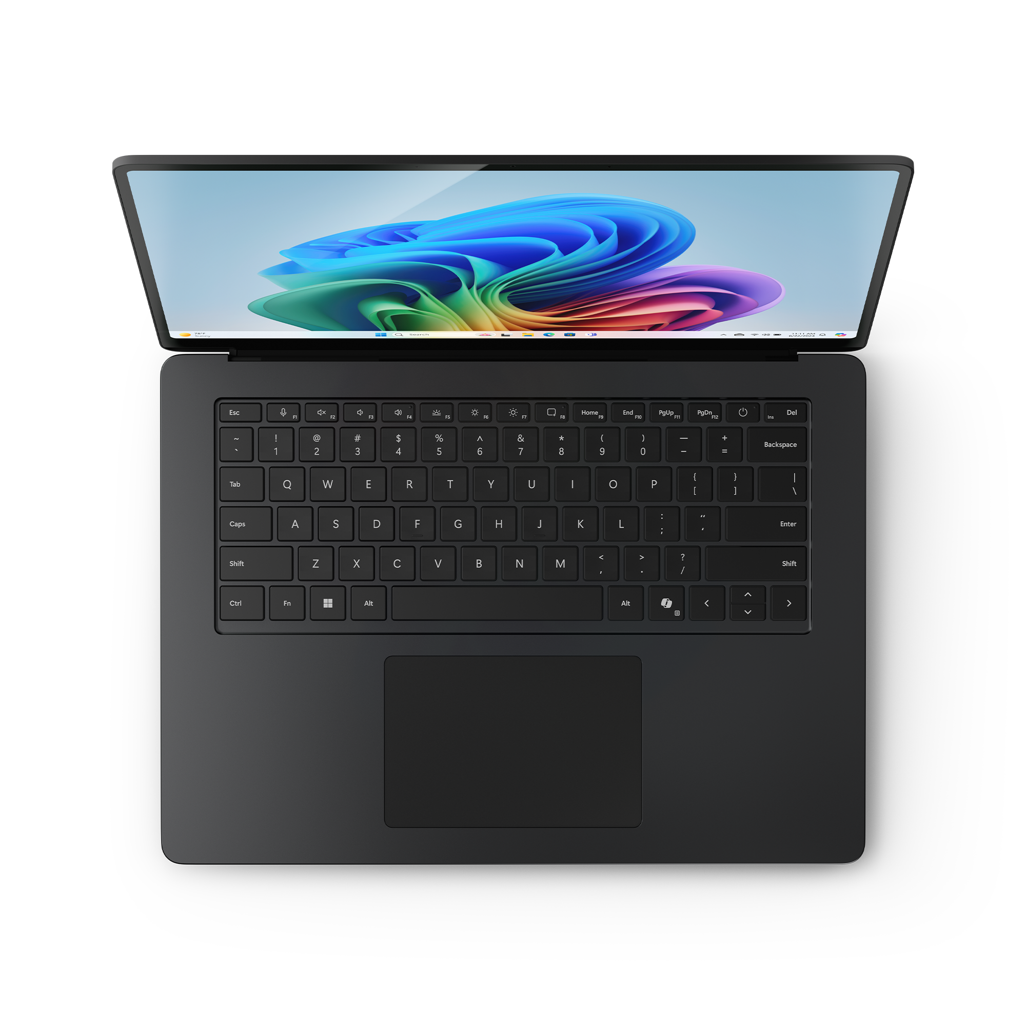 Schwarzer Laptop mit geöffnetem Bildschirm, der Tastatur und Bildschirminhalte zeigt.