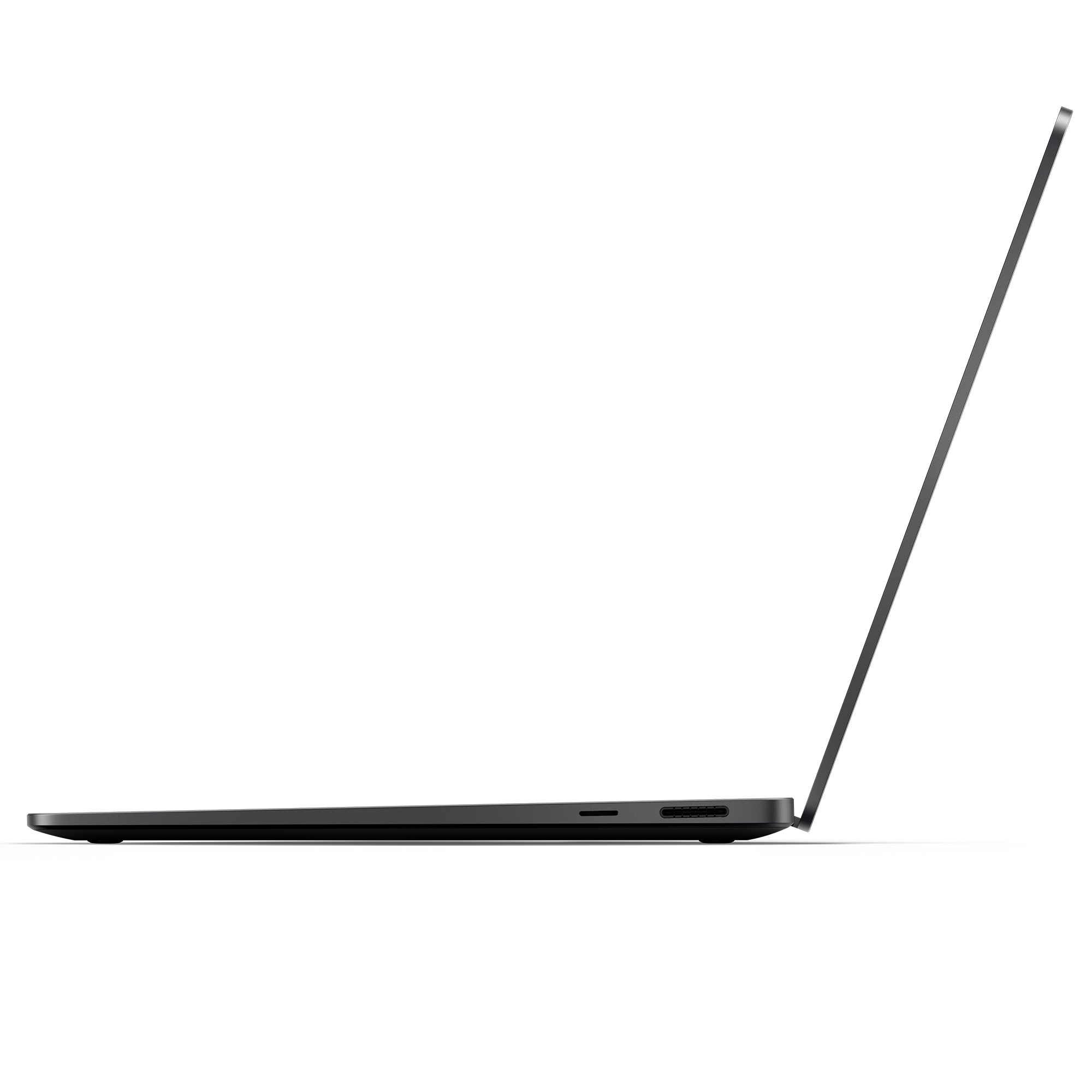 Seitenansicht eines schwarzen Laptops, geöffnet. Auf schwarzem Hintergrund.