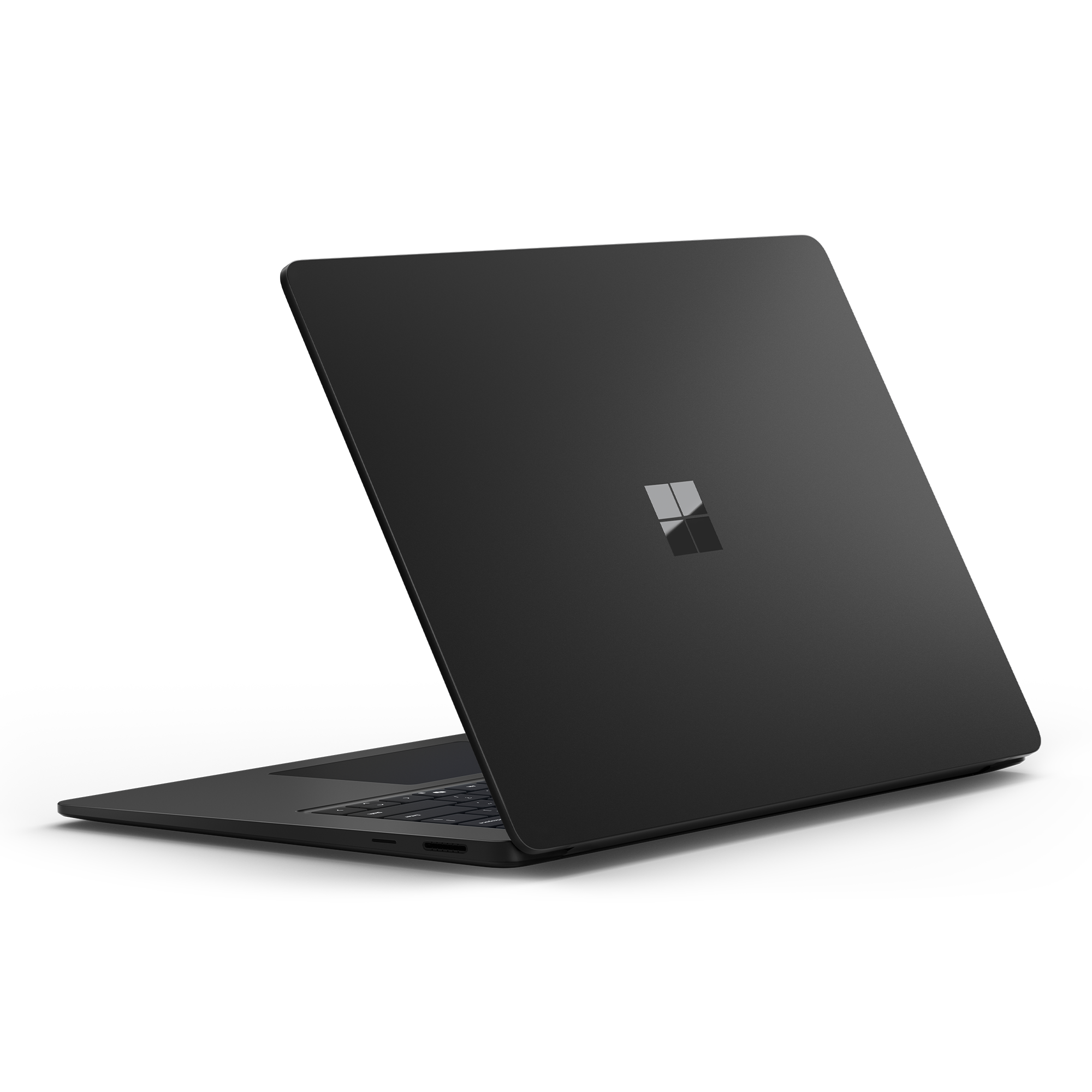 Schwarzer Laptop. Rückansicht. Microsoft-Logo. Schwarzer Hintergrund.