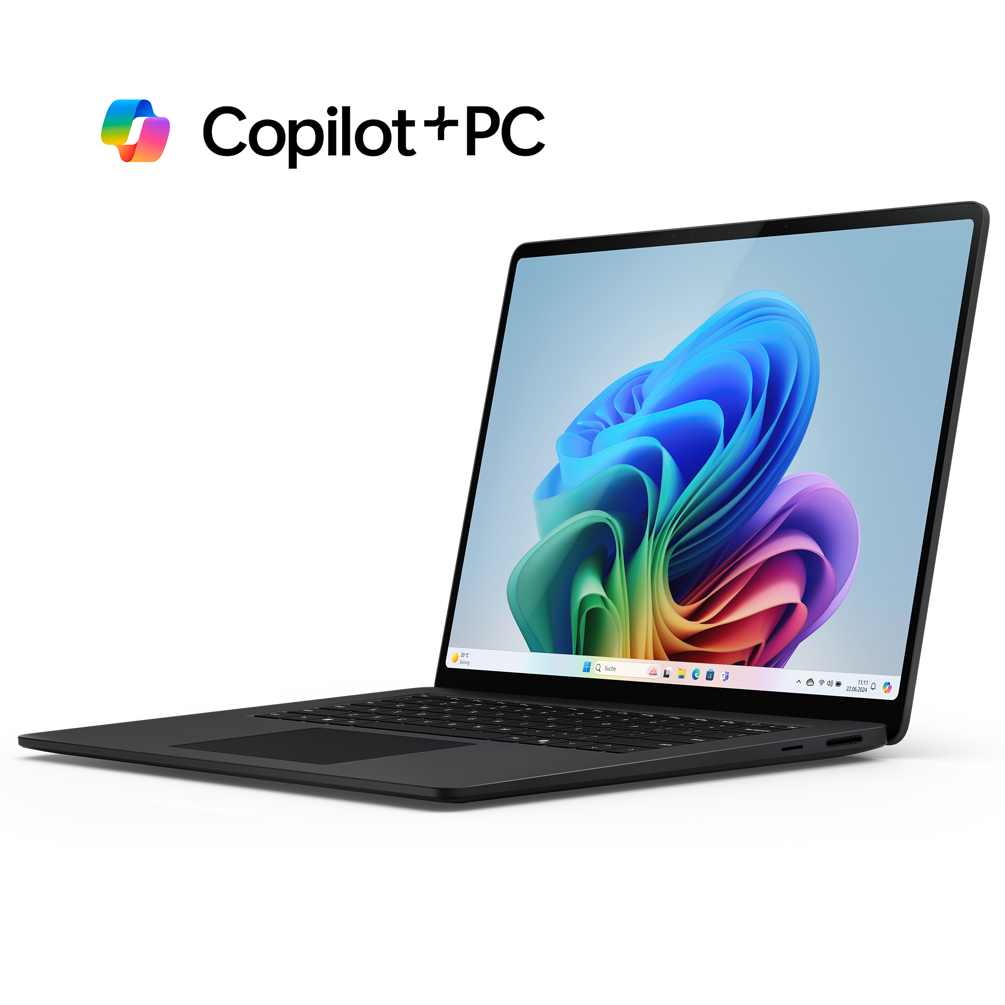 Schwarzer Laptop auf schwarzem Hintergrund, geöffnet, mit buntem, abstraktem Design. Logo in Ecke.