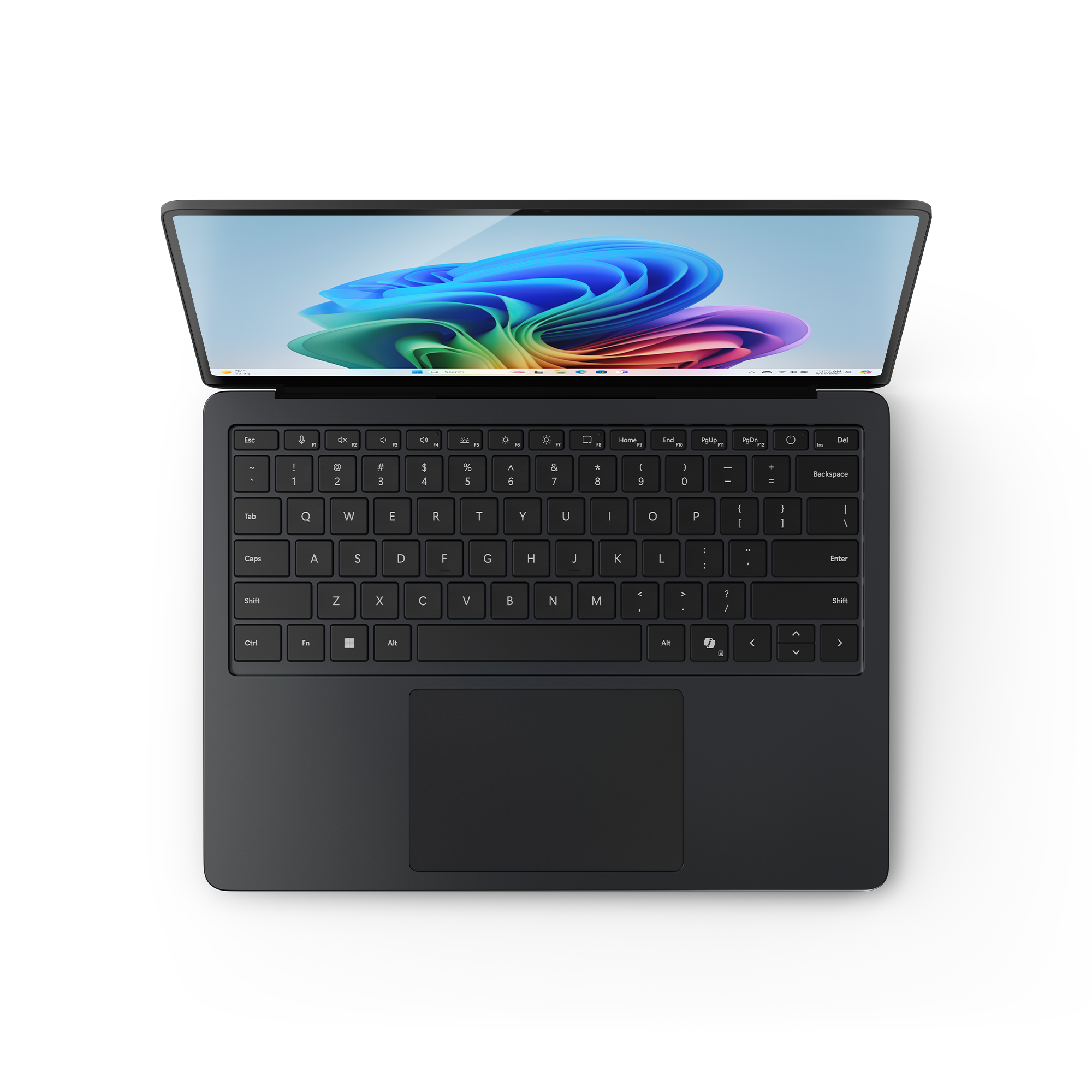Laptop offen auf schwarzer Oberfläche. Der Bildschirm zeigt einen bunten Windows-Desktop. Schwarzer Hintergrund.