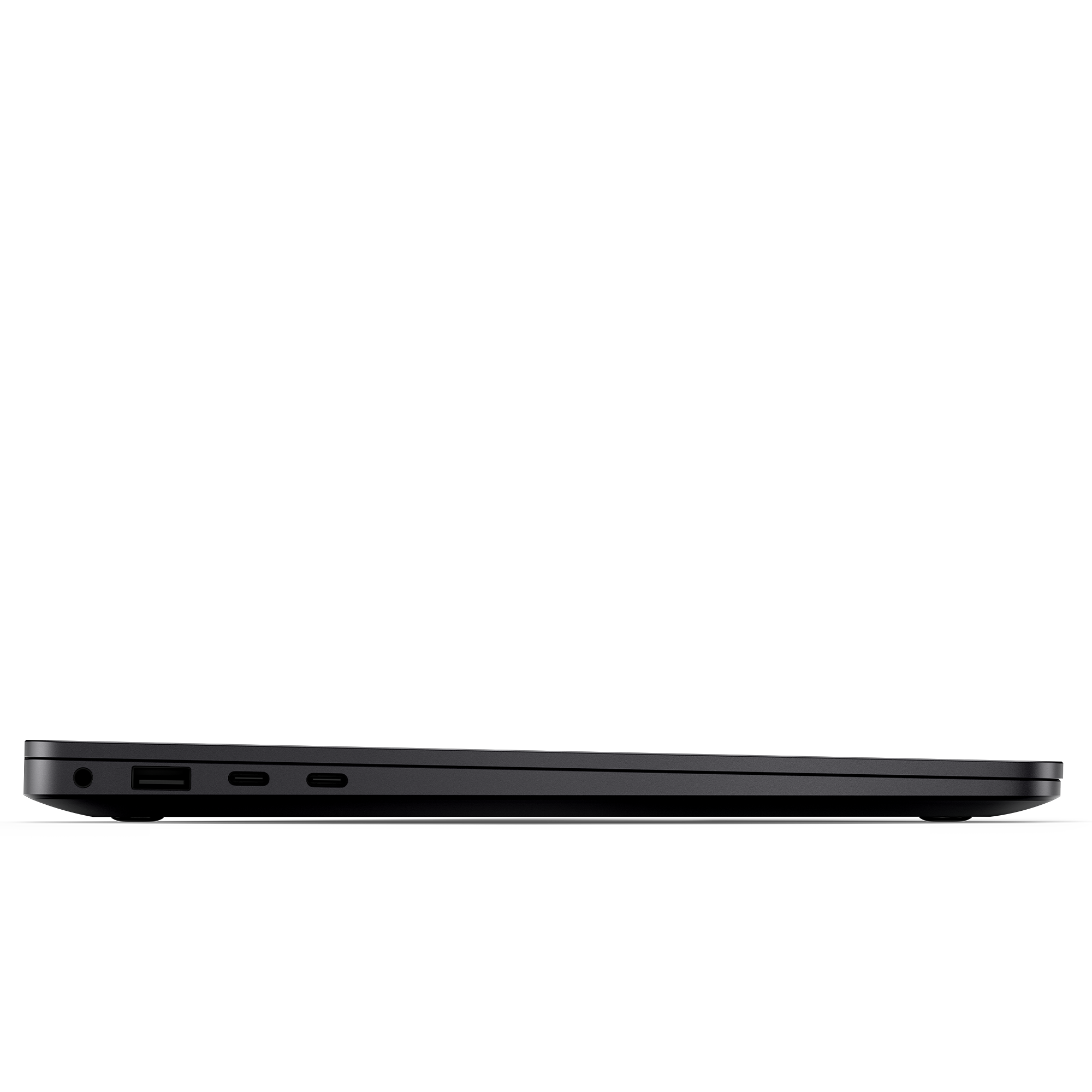 Schwarze Laptop-Seitenansicht mit Anschlüssen.