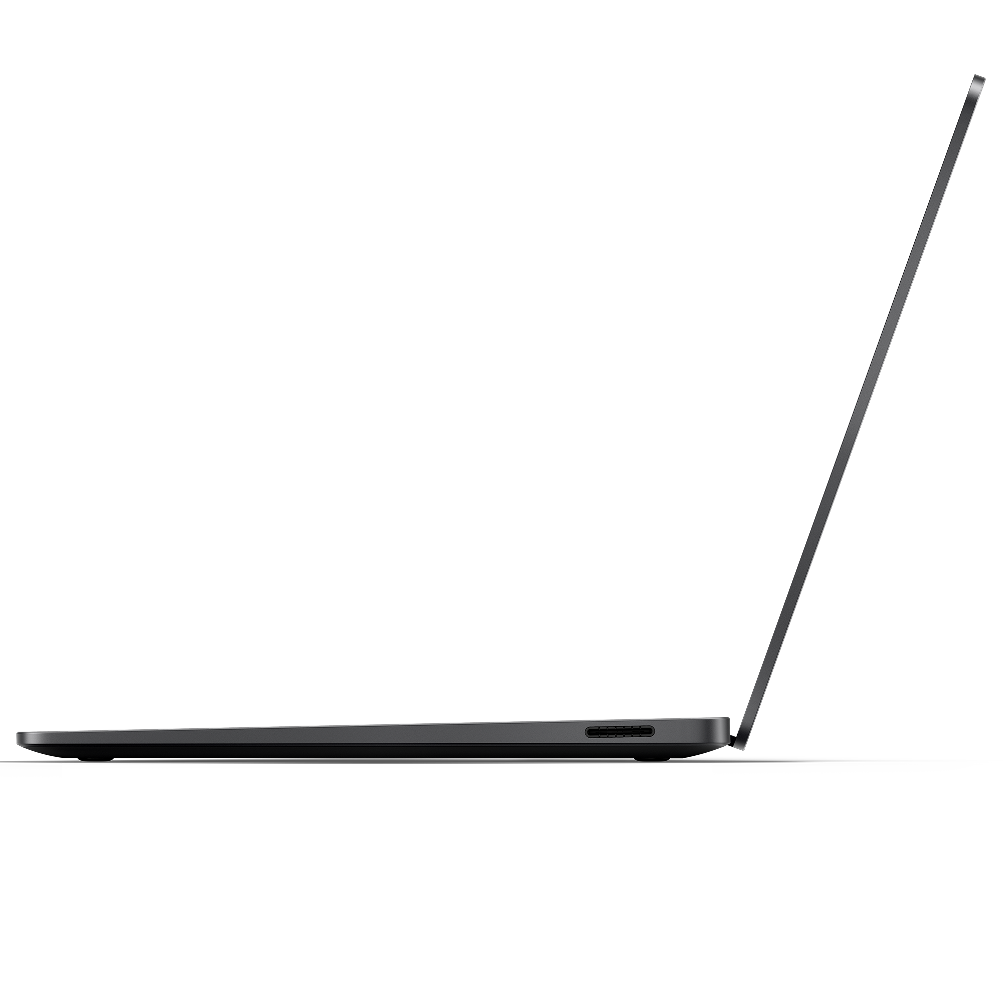 Laptop-Seitenansicht. Der Bildschirm ist geöffnet. Der Hintergrund ist schwarz.