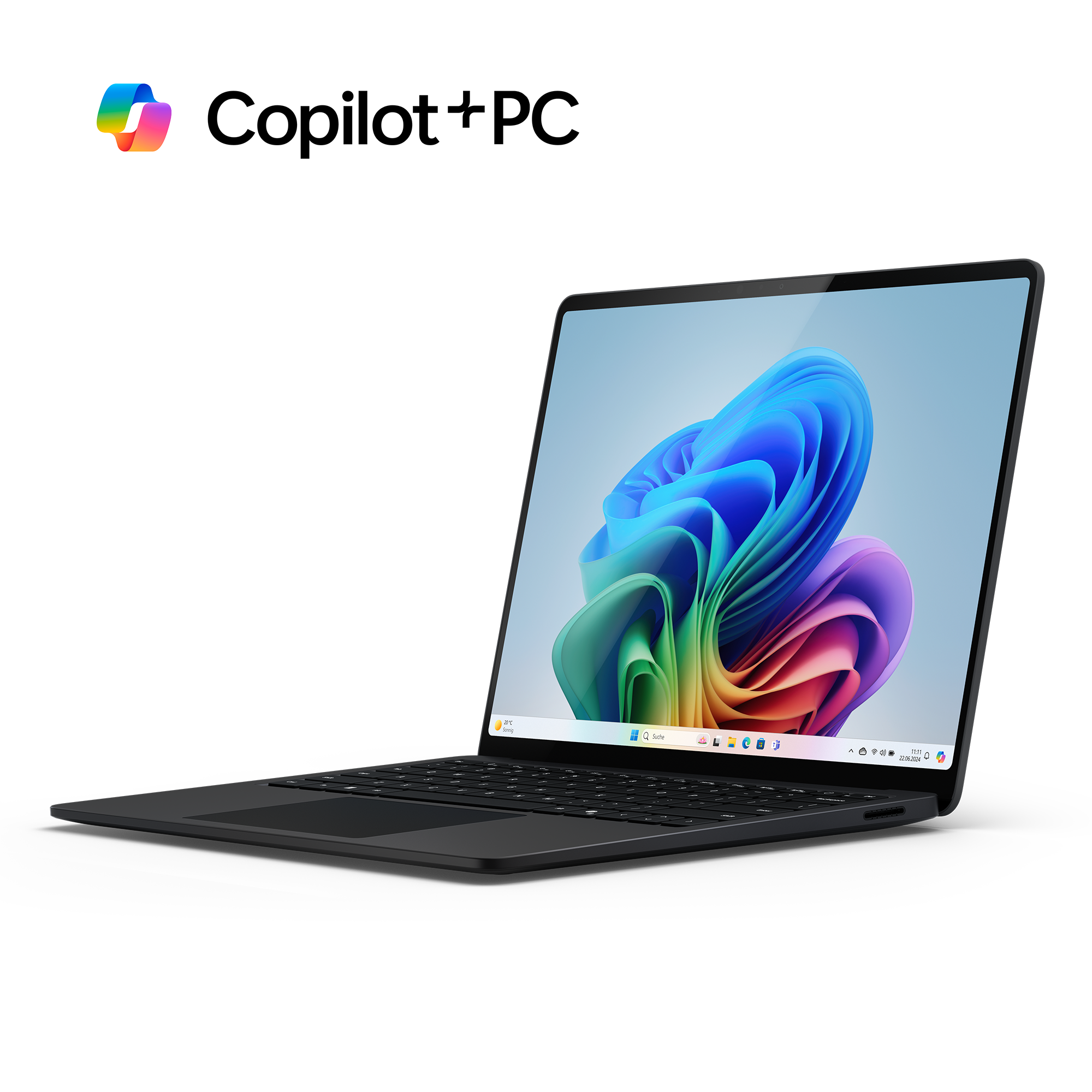 Ein schwarzer Laptop, geöffnet, mit einem farbenfrohen Hintergrund.