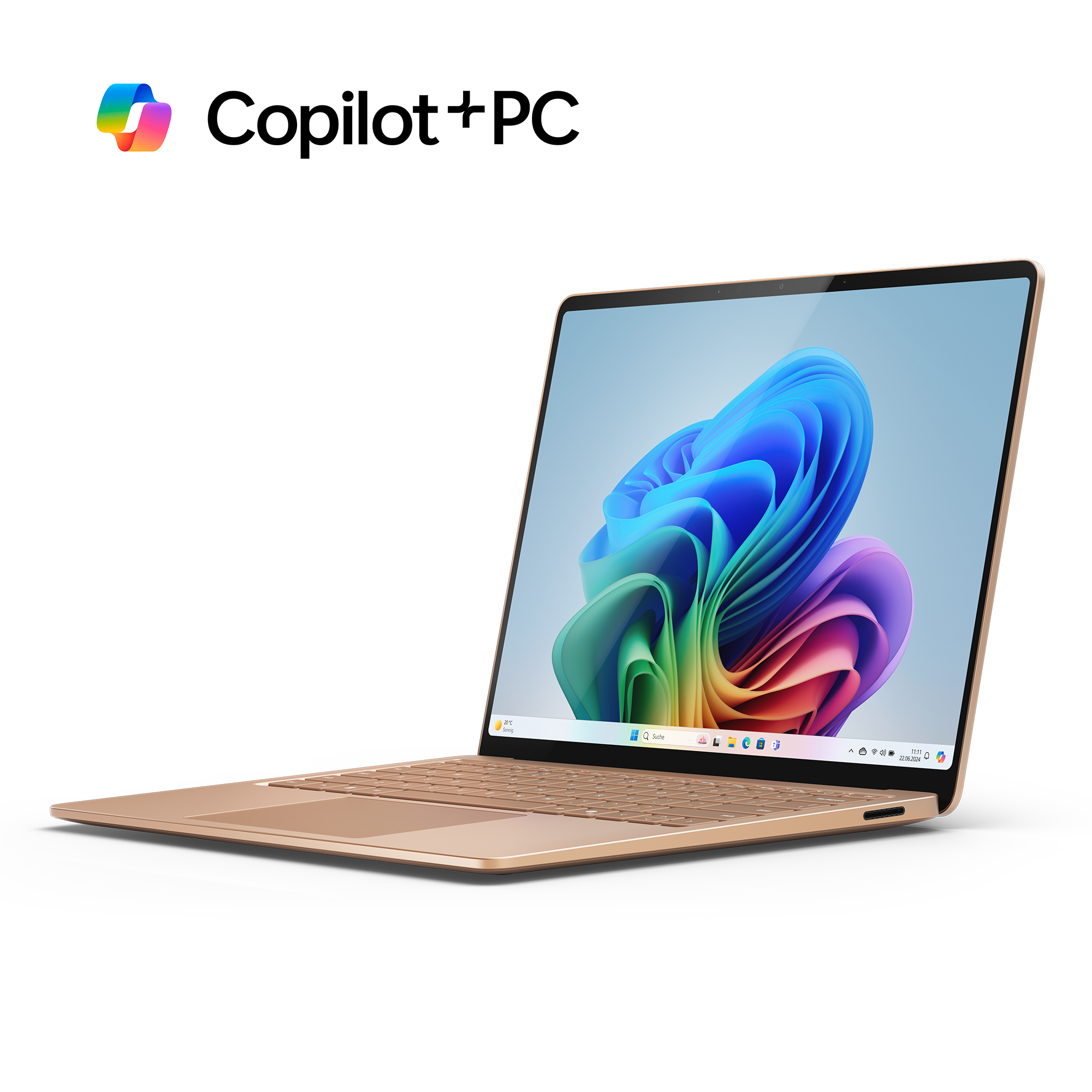 Ein goldenes Laptop, geöffnet auf einem Schreibtisch, zeigt ein farbenfrohes abstraktes Bild.