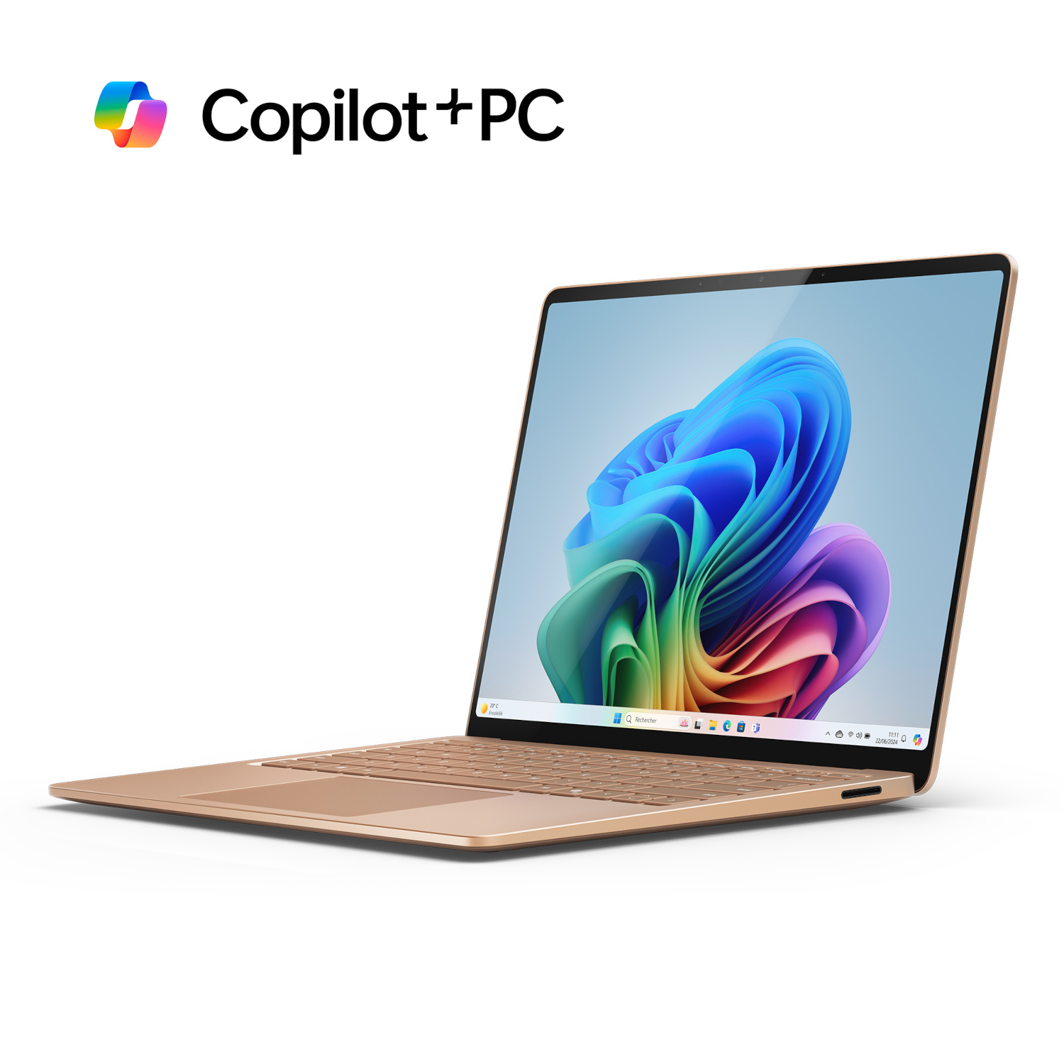 Gold laptop shows a colorful screen. Copilot+PC logo is at the top left.