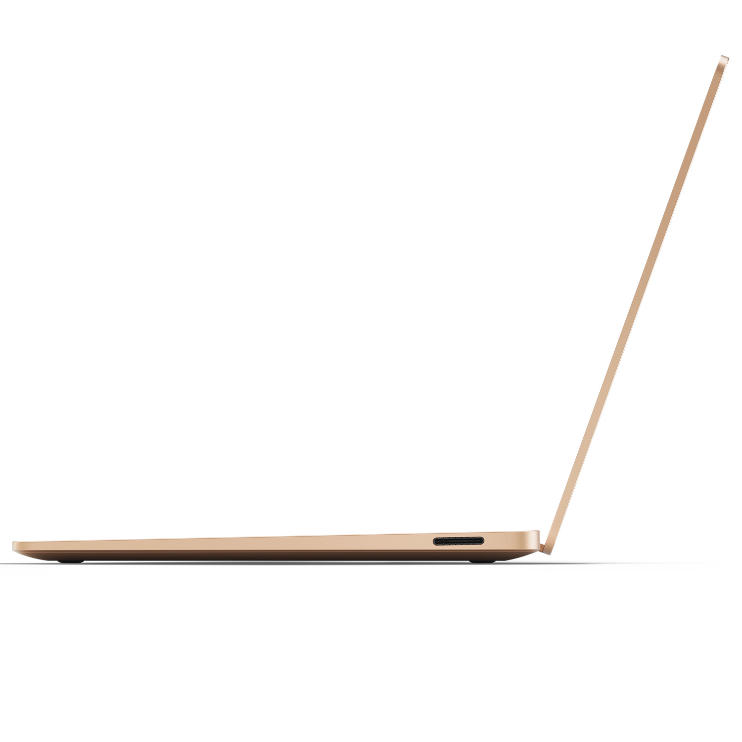 Gold laptop, side view, open. Thin profile, white background. Display and keyboard visible.