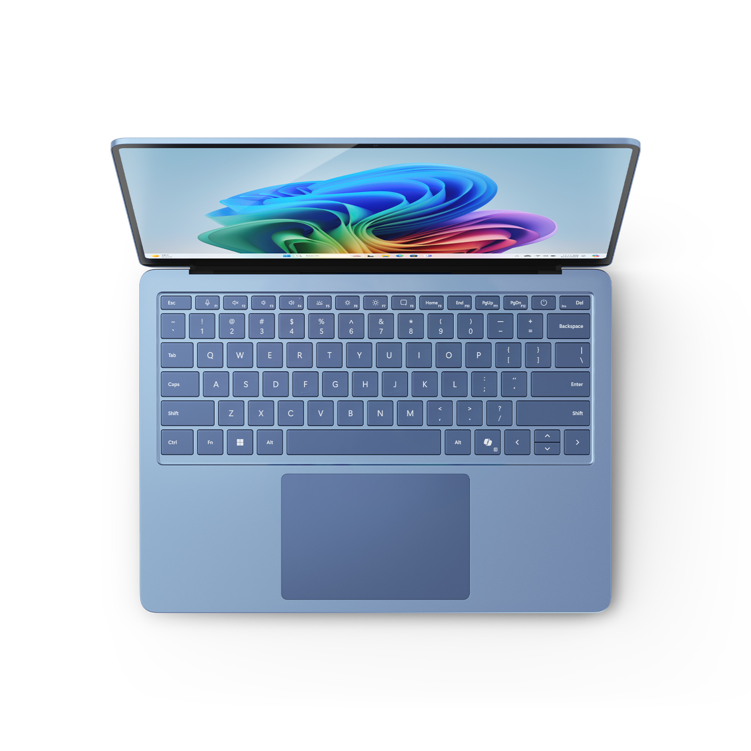 Blauwe laptop, open, bovenaanzicht, toetsenbord zichtbaar. Witte achtergrond.