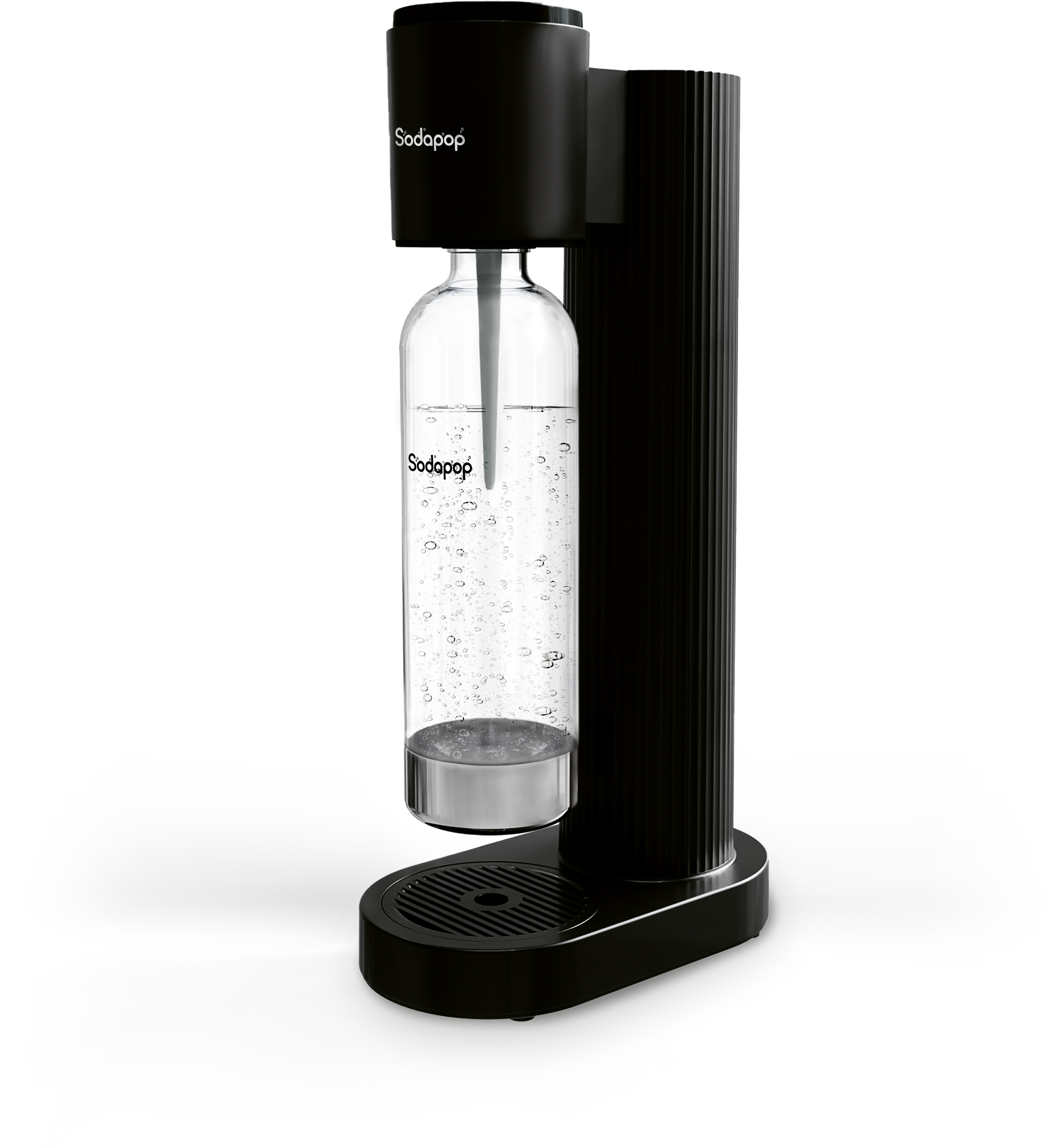Schwarzer Sodapop-Sodahersteller mit klarer Flasche. Weißer Hintergrund.