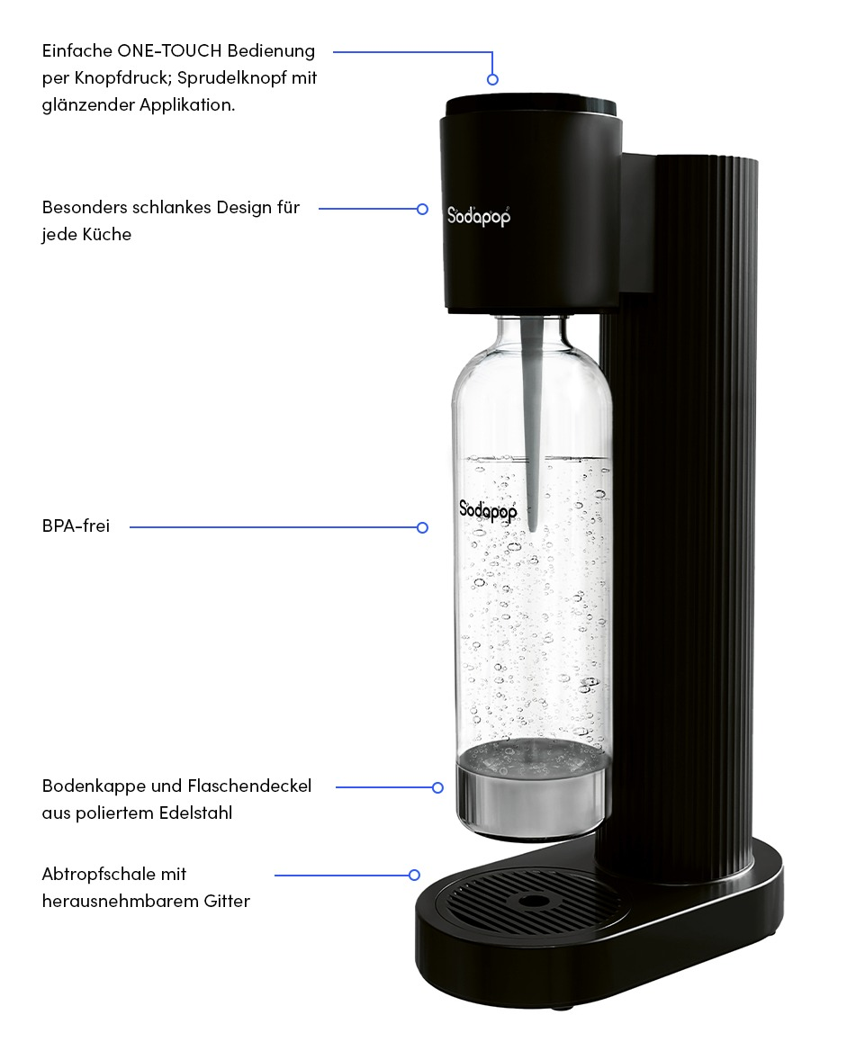 Ein schwarzer SodaPop Wasserkohlesäureapparat mit einer Glasflasche und einem silbernen Sockel.