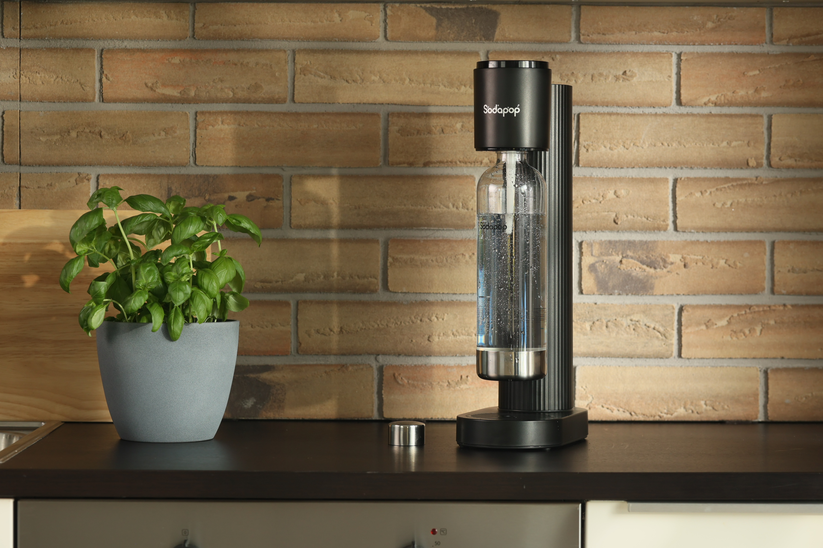 Eine schwarze SodaStream-Maschine mit einer Glasflasche und einer Pflanze in einem grauen Topf auf einer Theke.