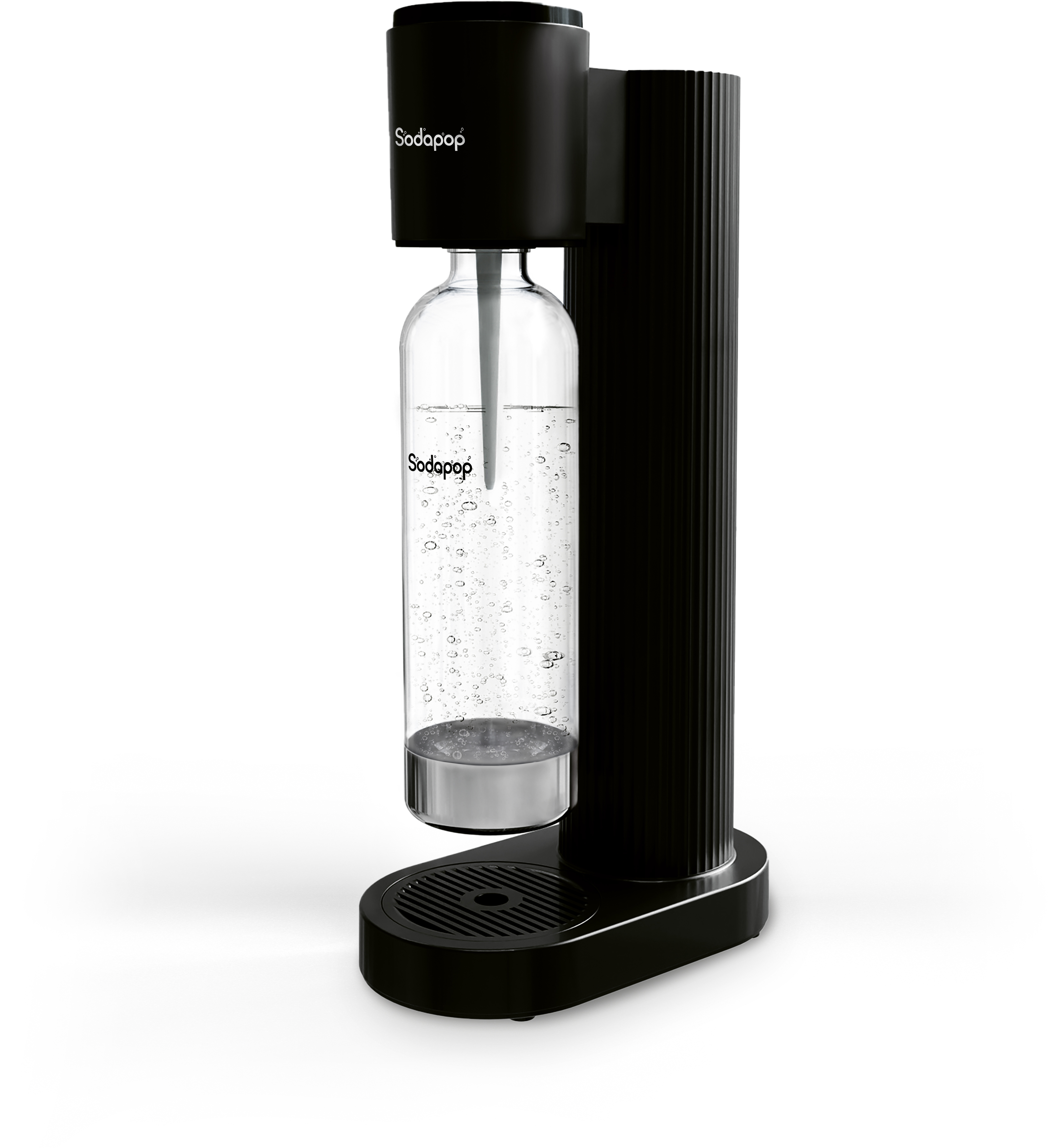 Schwarzer Sodabereiter mit einer Glasflasche voller Wasser und Blasen. Die Basis ist schwarz.