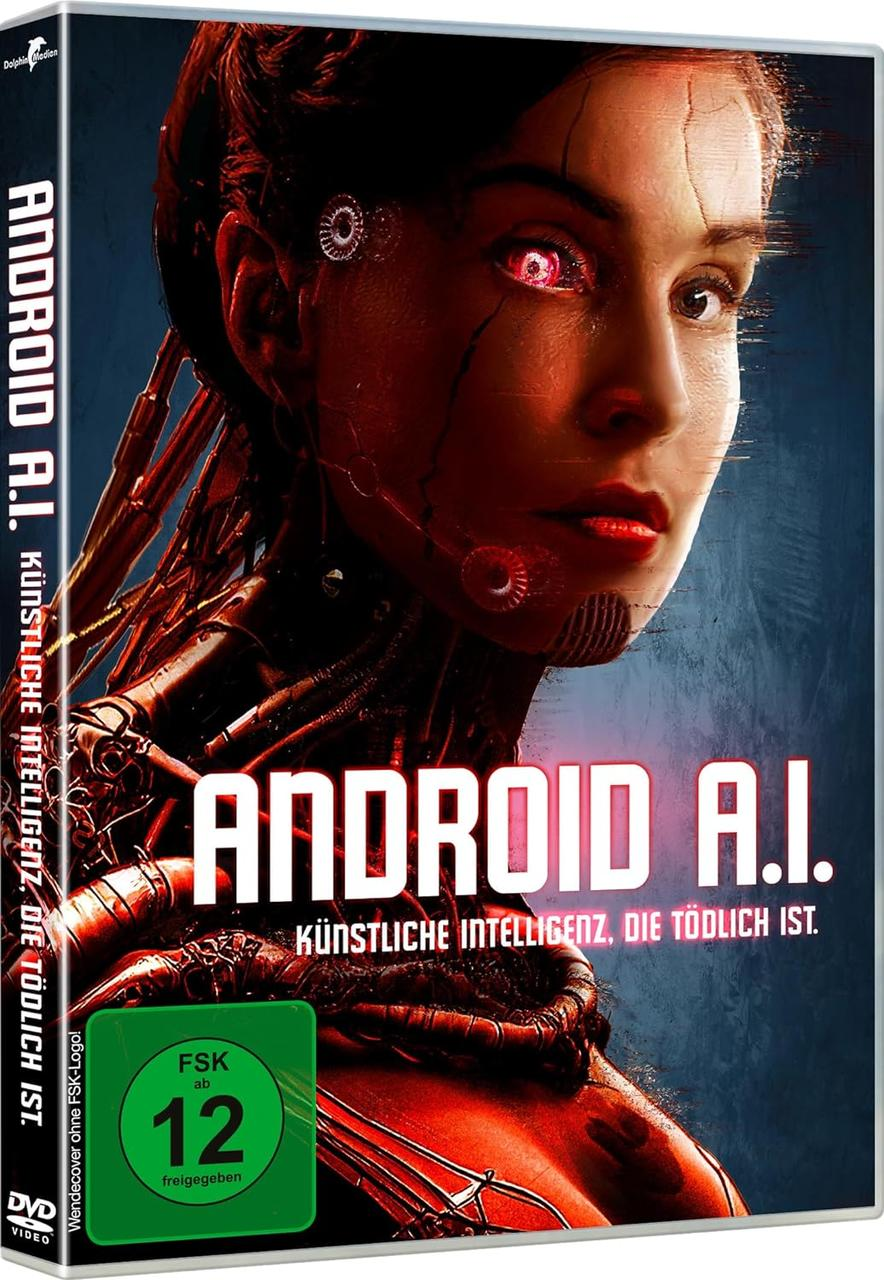 Ein DVD-Cover mit dem Titel 'Android A.I.' zeigt eine Frau mit rotem Auge und Roboter-Elementen.