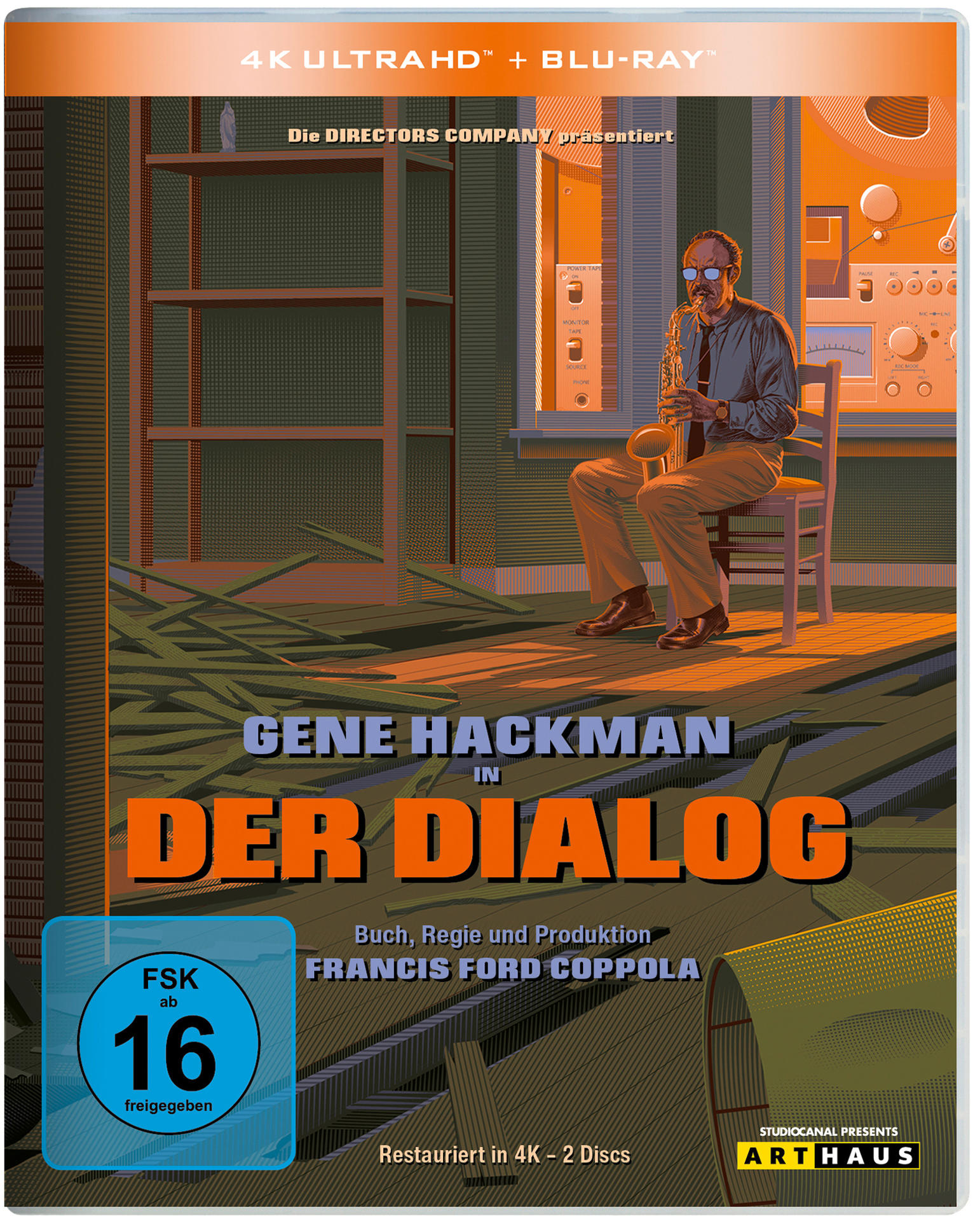 Filmcover: Gene Hackman in Der Dialog. Das Cover zeigt einen Mann in einem Raum mit elektronischen Geräten.