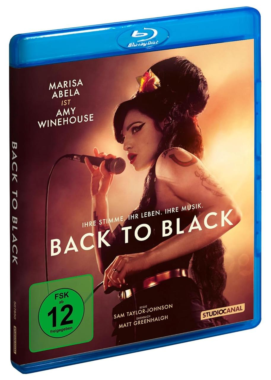 Blu-ray-Cover von 'Back to Black', mit Amy Winehouse mit Mikrofon, fettgedruckter Titel.
