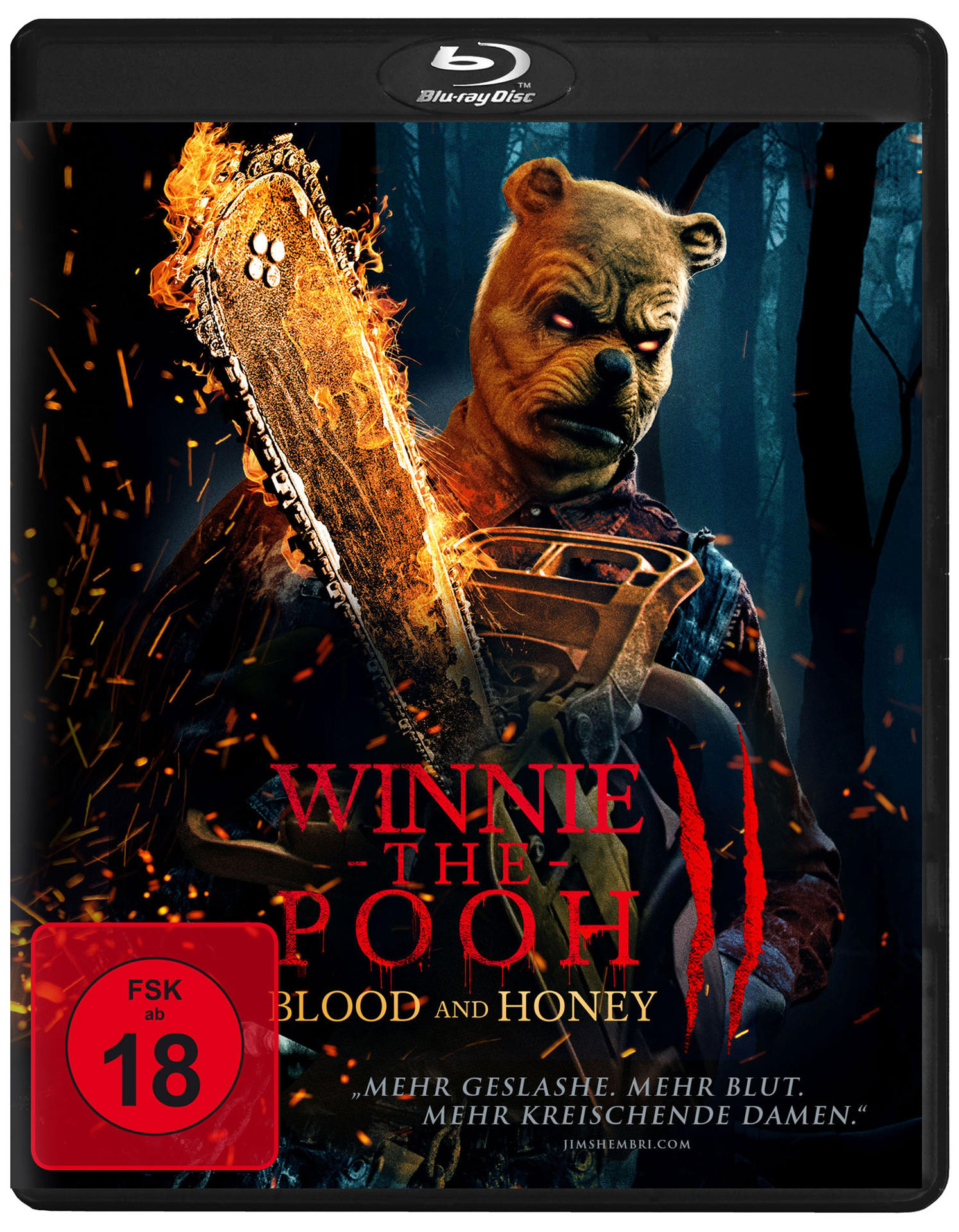 DVD-Cover für 'Winnie the Pooh: Blood and Honey'. Bär mit Kettensäge, düster, blutig.