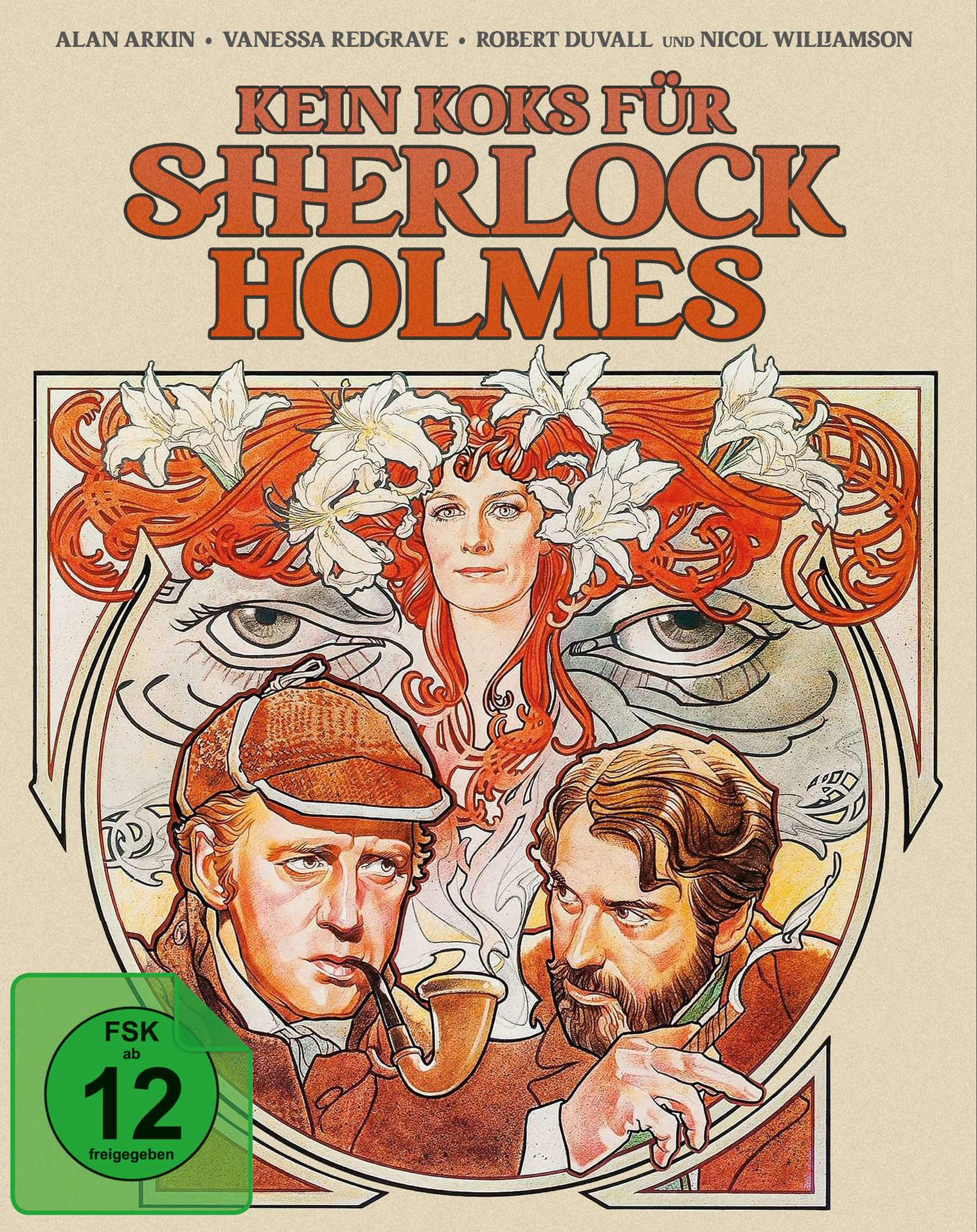 Filmposter mit Illustrationen von Sherlock Holmes und einer Frau. Deutscher Text und Alterskennzeichen.