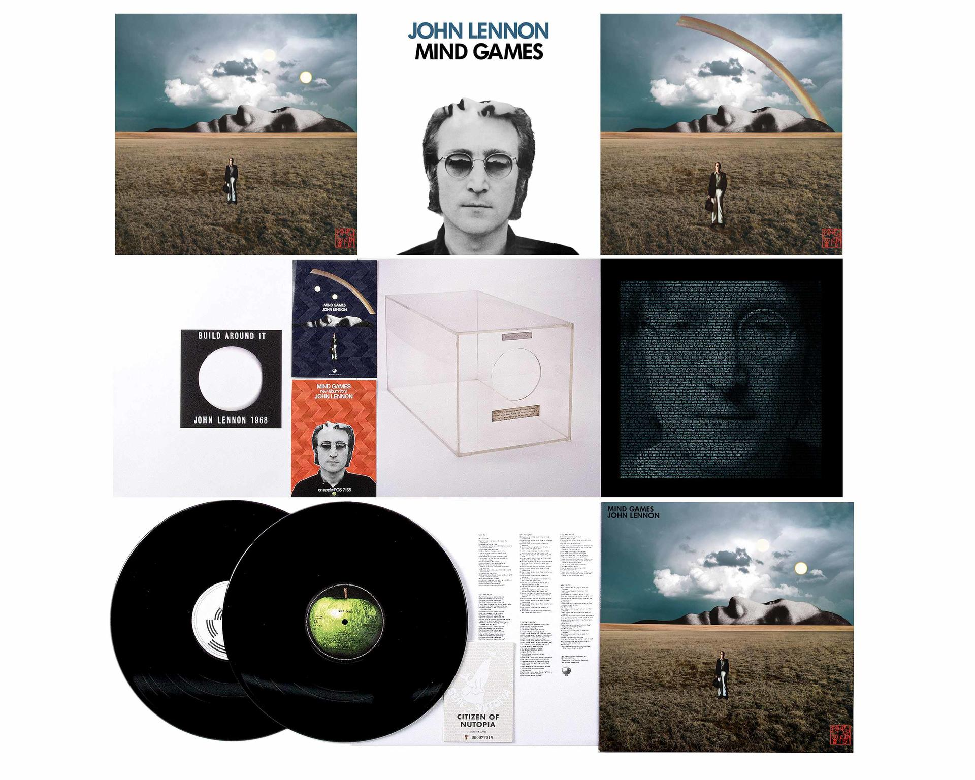 Album borítók és bakelit lemezek. John Lennon arca és tájkép. Fehér háttér.