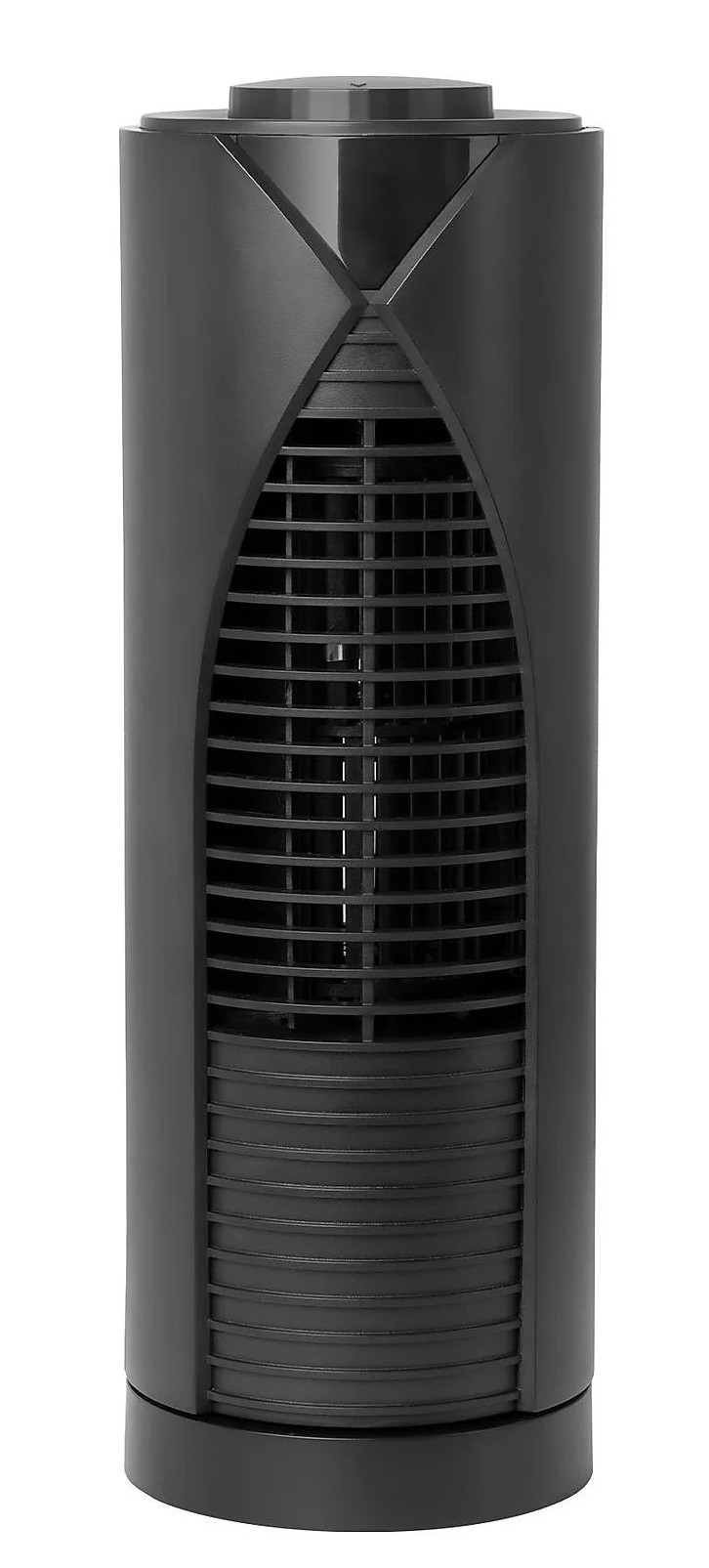 Czarny wentylator wieżowy z pionowymi listwami. Czarna podstawa i obudowa.