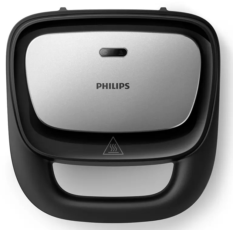 Czarny i srebrny opiekacz do kanapek Philips. Górna część jest zamknięta z nazwą marki.