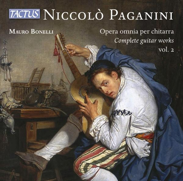 Albumcover. Ein Mann spielt Gitarre. Text: TACTUS, Niccolò Paganini, Opera omnia per chitarra, Complete guitar works.