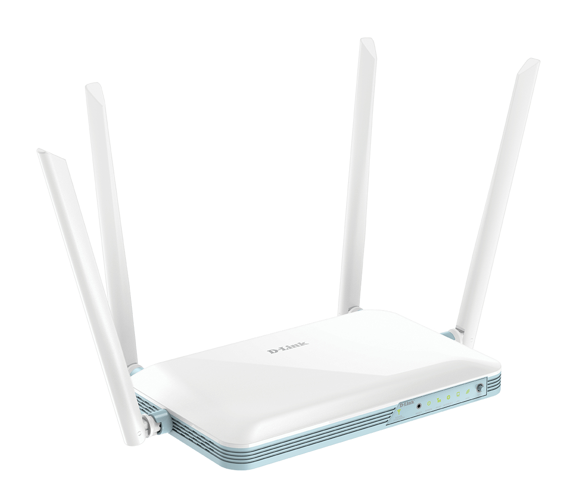 Ein weiß-blauer D-Link-Router mit vier Antennen, isoliert auf Weiß.